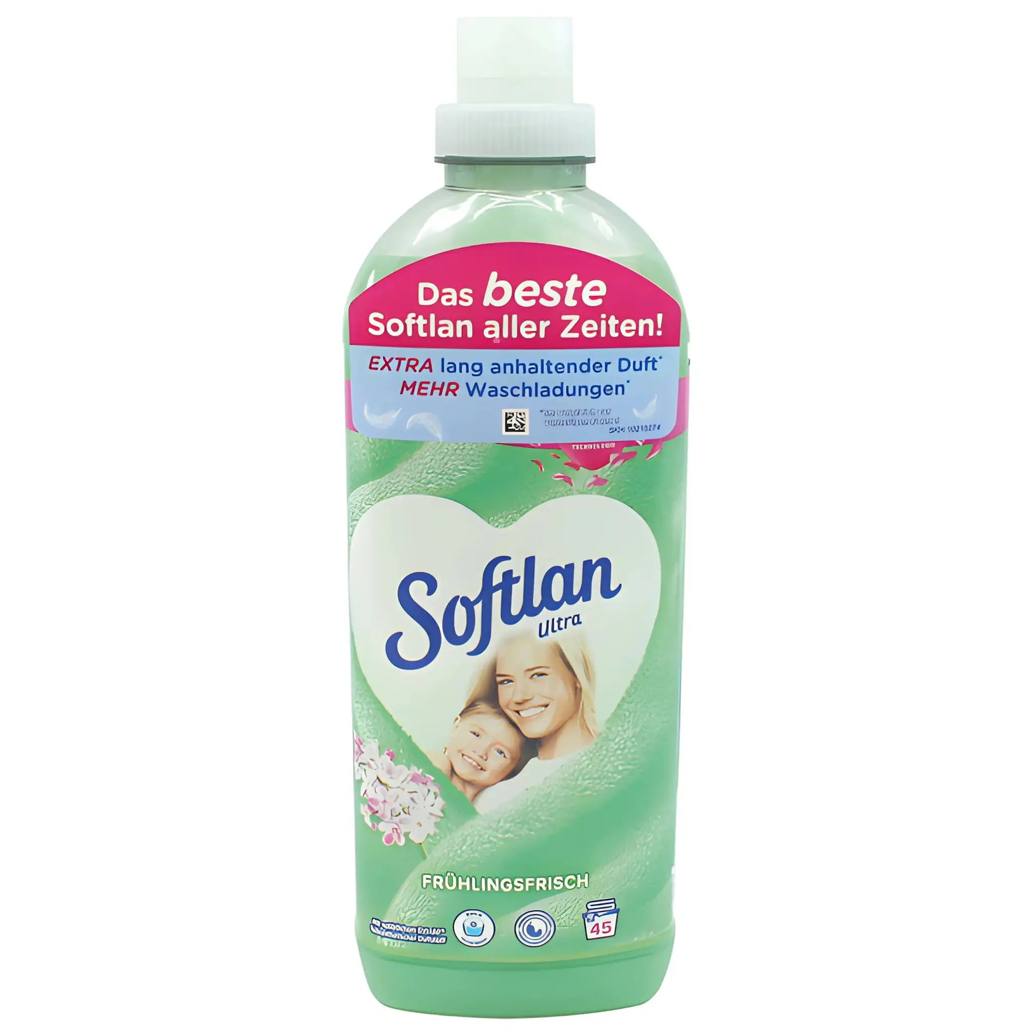 Softlan huuhteluaine Springfresh vihreä pullo sydämen, kukkien ja hymyilevien ihmisten kuvioilla.