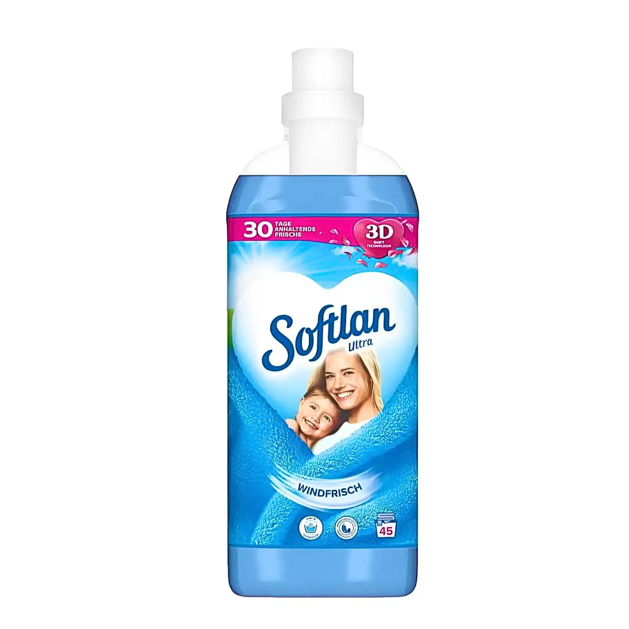 Softlan huuhteluaine 1 litra sinisessä pullossa, etiketissä hymyilevä nainen ja lapsi, tuulimyrskyhaju.