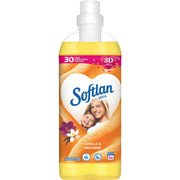 Softlan-huuhteluaine Vanilja & Orkidea, keltainen pullo sydänmuotoisella designilla ja iloisia ihmisiä etiketissä.
