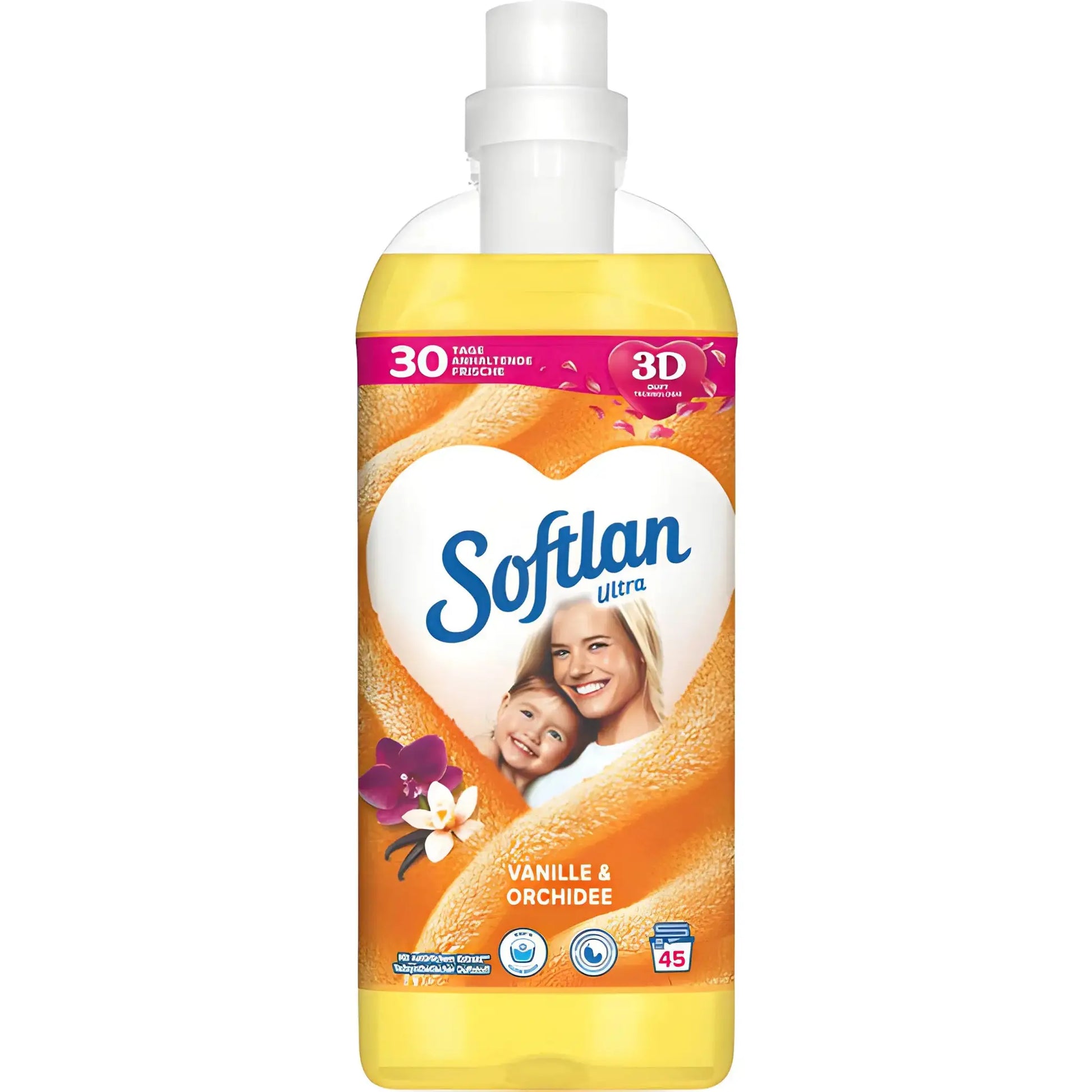 Softlan-huuhteluaine Vanilja & Orkidea, keltainen pullo sydänmuotoisella designilla ja iloisia ihmisiä etiketissä.