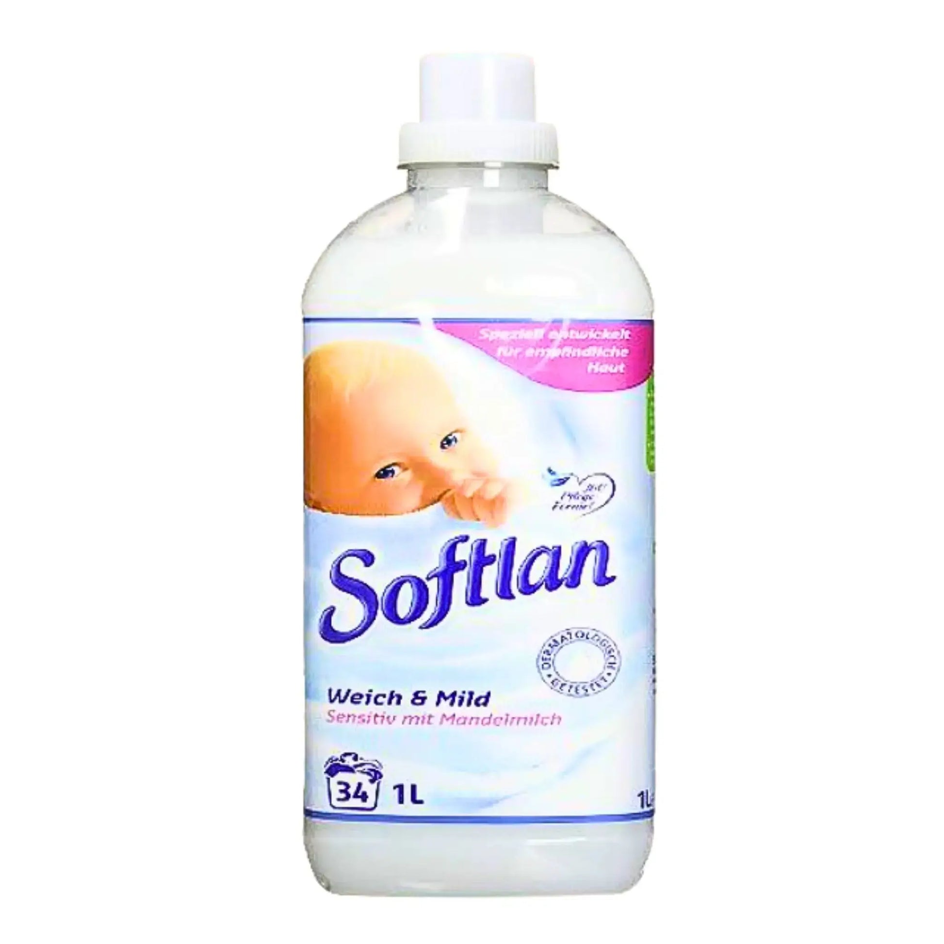 Softlan-huuhteluaine Mantelimaito Sensitiv 1 L, valkoinen pullo vauva-kuvalla etiketissä