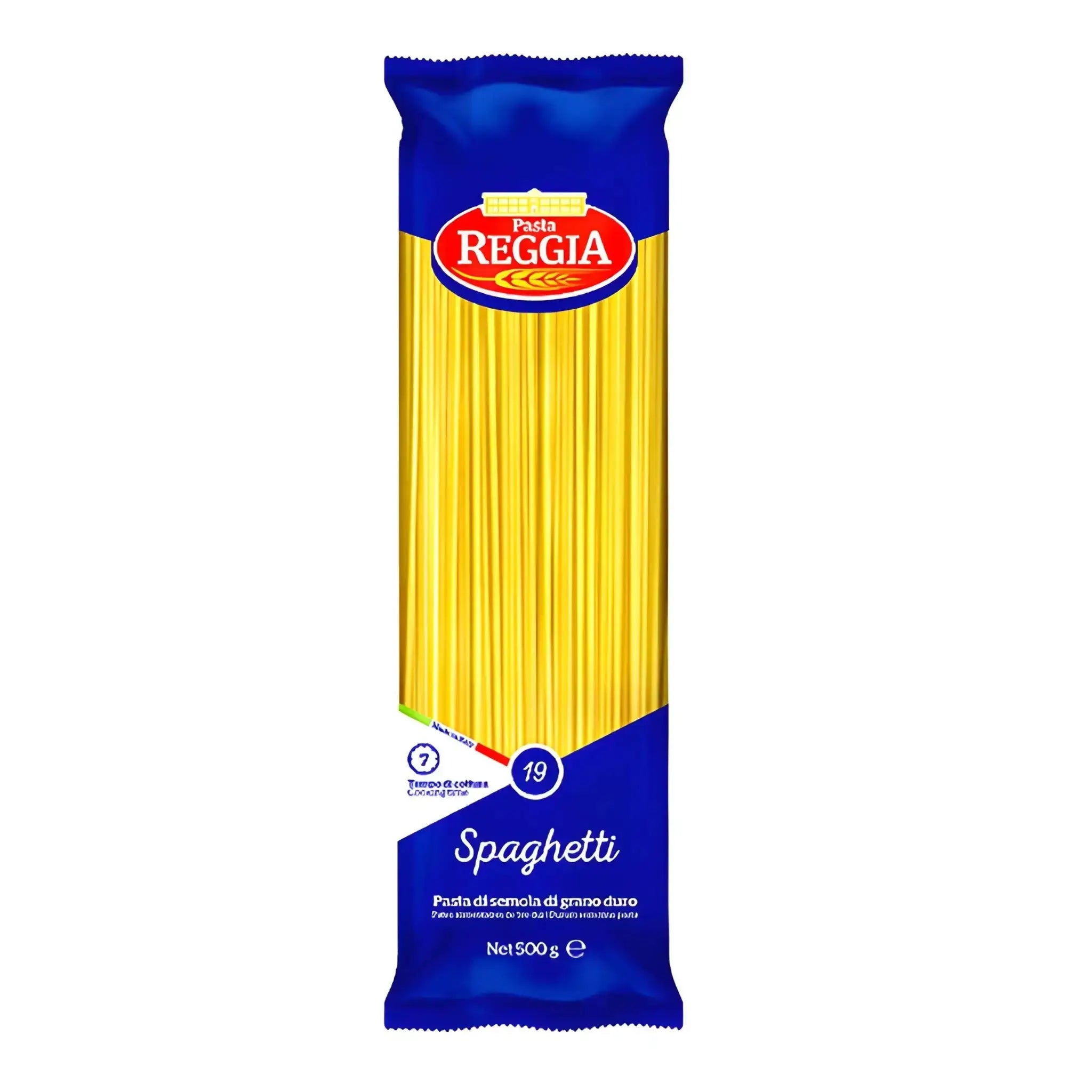 Pakkaus Reggia spagettia 500 g, pitkä durumvehnämakkara, sininen ja keltainen suunnittelu.
