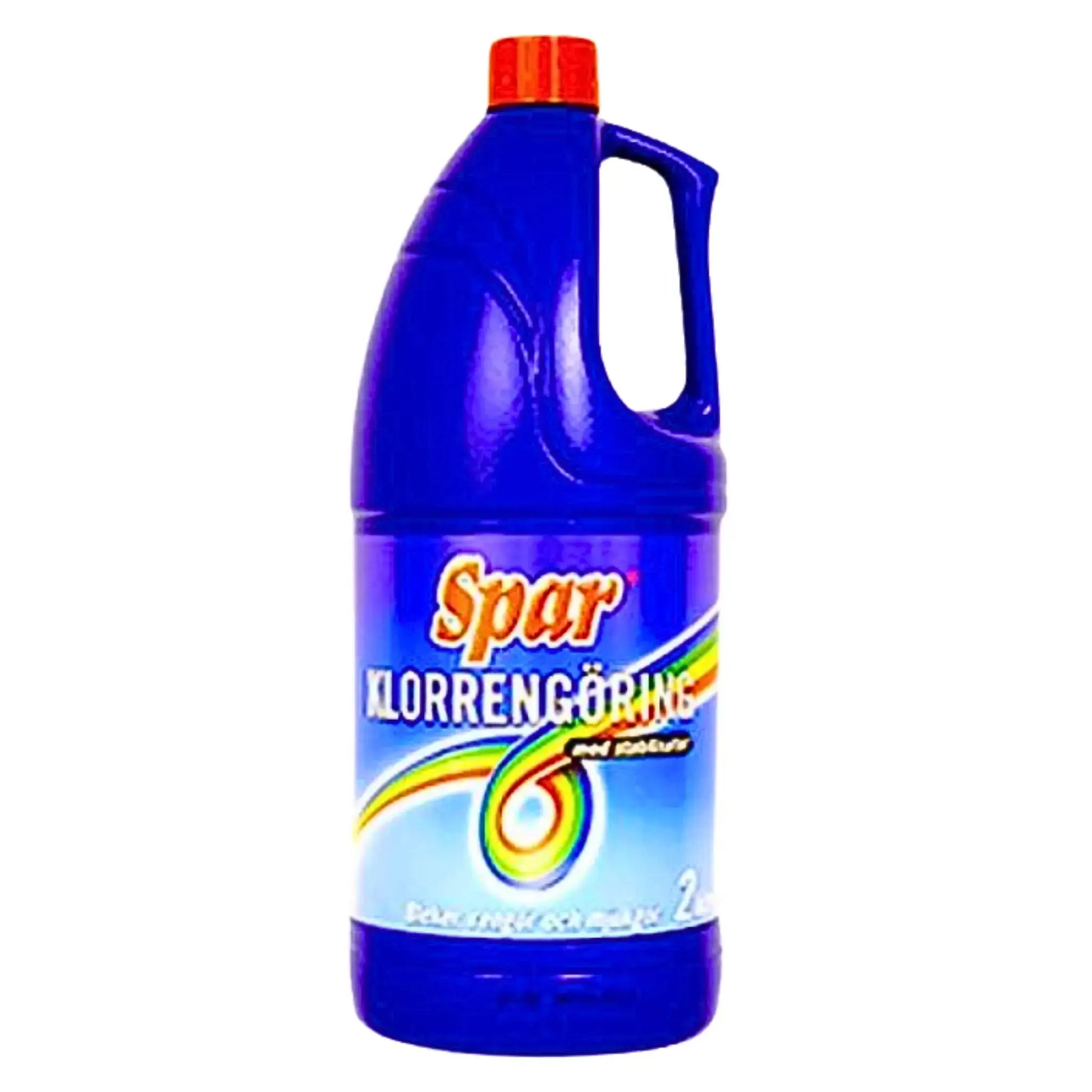 Sininen Spar-klooripesuaine 2,5 l punaisella kannella ja värikäs etiketti valkoisella taustalla