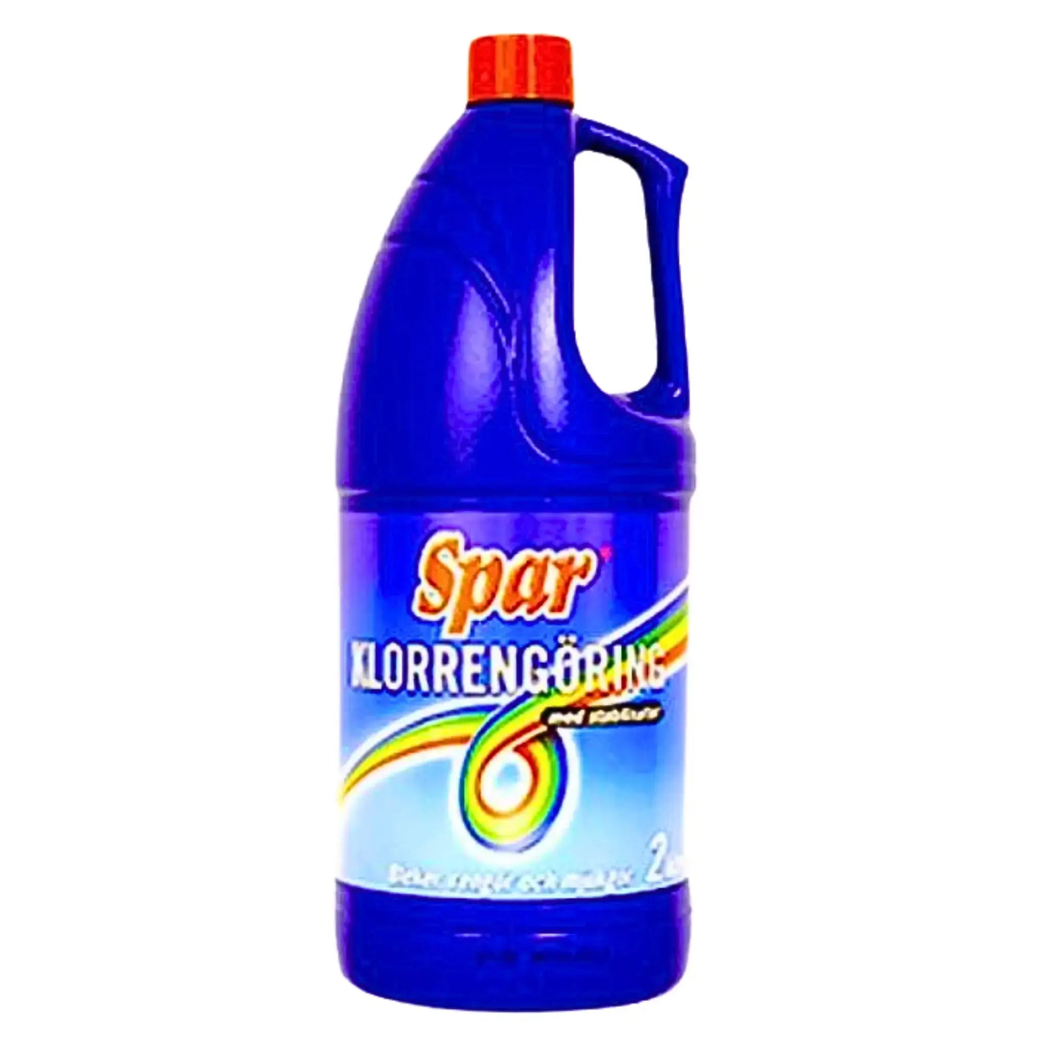 Sininen Spar-klooripesuaine 2,5 l punaisella kannella ja värikäs etiketti valkoisella taustalla