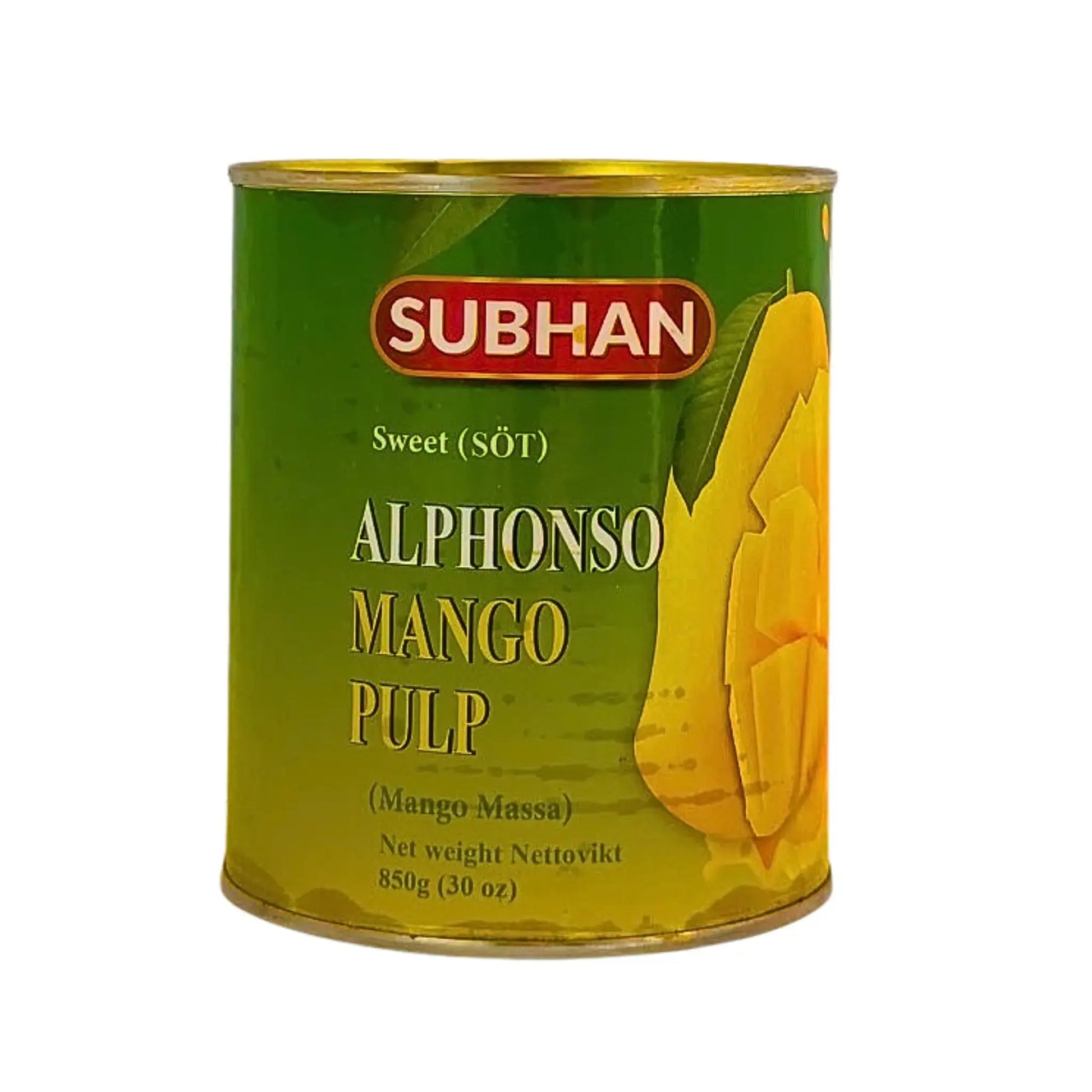 Säilykepurkki Alphonso-mangopastaa 850 g makealla maulla ja keltaisella mangokuviolla vihreällä etiketillä