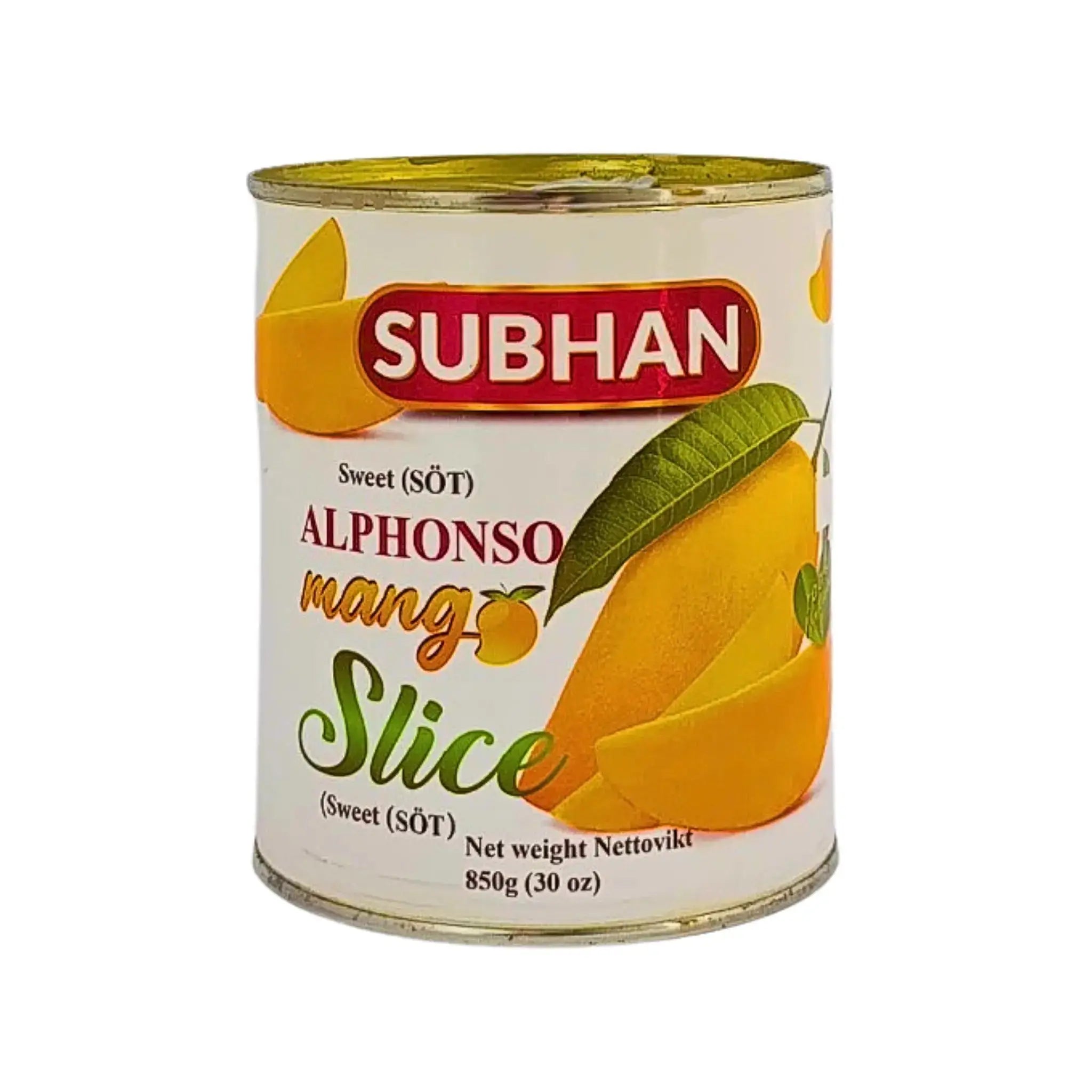Subhan Alphonso-mangon paloja 850 g:n purkissa, eksoottista hedelmäsäilykettä, makeaa mangoa valkoisella taustalla