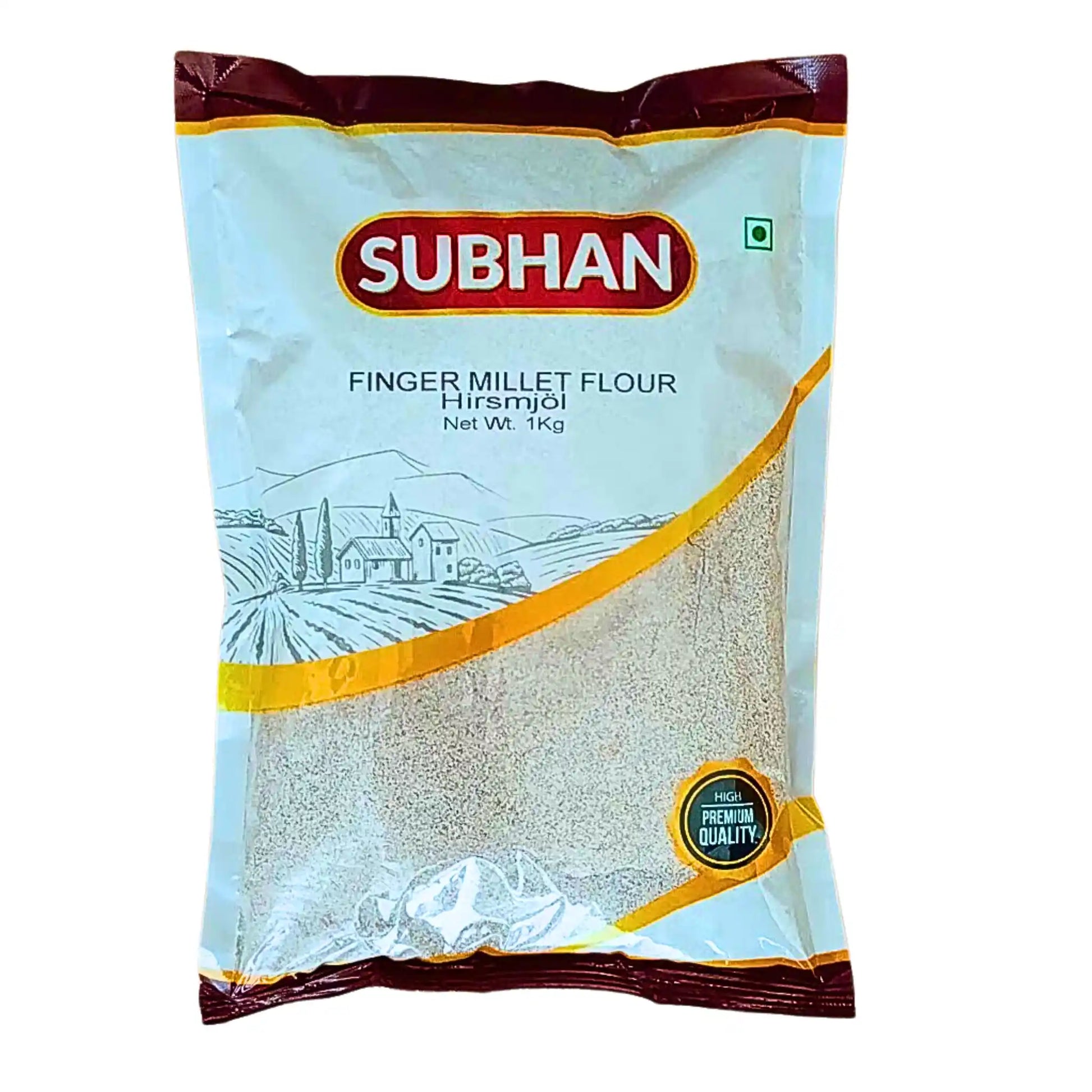 Förpackning med Subhan fingerhirsemjöl 1kg, hirsbaserat mjöl orientaliska matvaror.