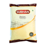 Pakkaus Subhan Besan-hernamyllyä 800 g, itämainen jauhe, keltainen pussi valkoisella taustalla