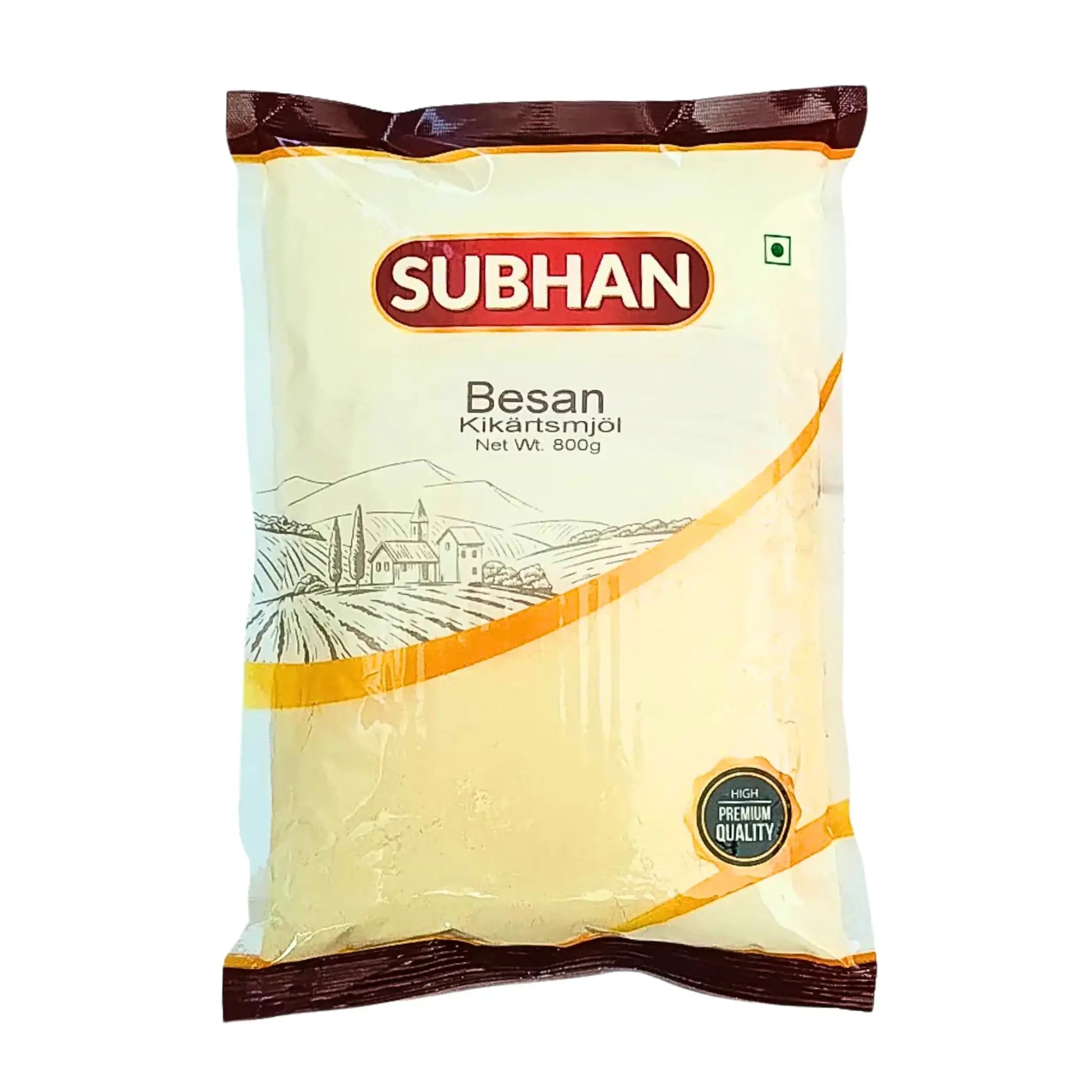 Pakkaus Subhan Besan-hernamyllyä 800 g, itämainen jauhe, keltainen pussi valkoisella taustalla