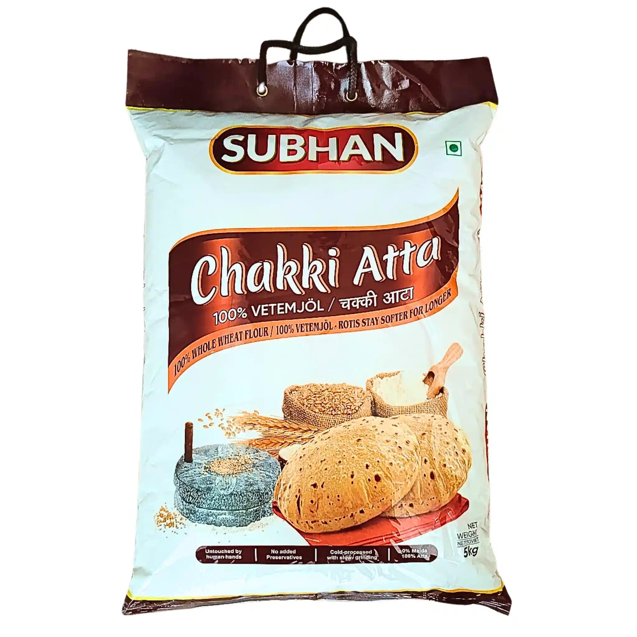 Pakkaus Subhan Chakki Atta 100 % vehnämyllyä, 5 kg, kuvassa kivijauhettu myly ja leipä