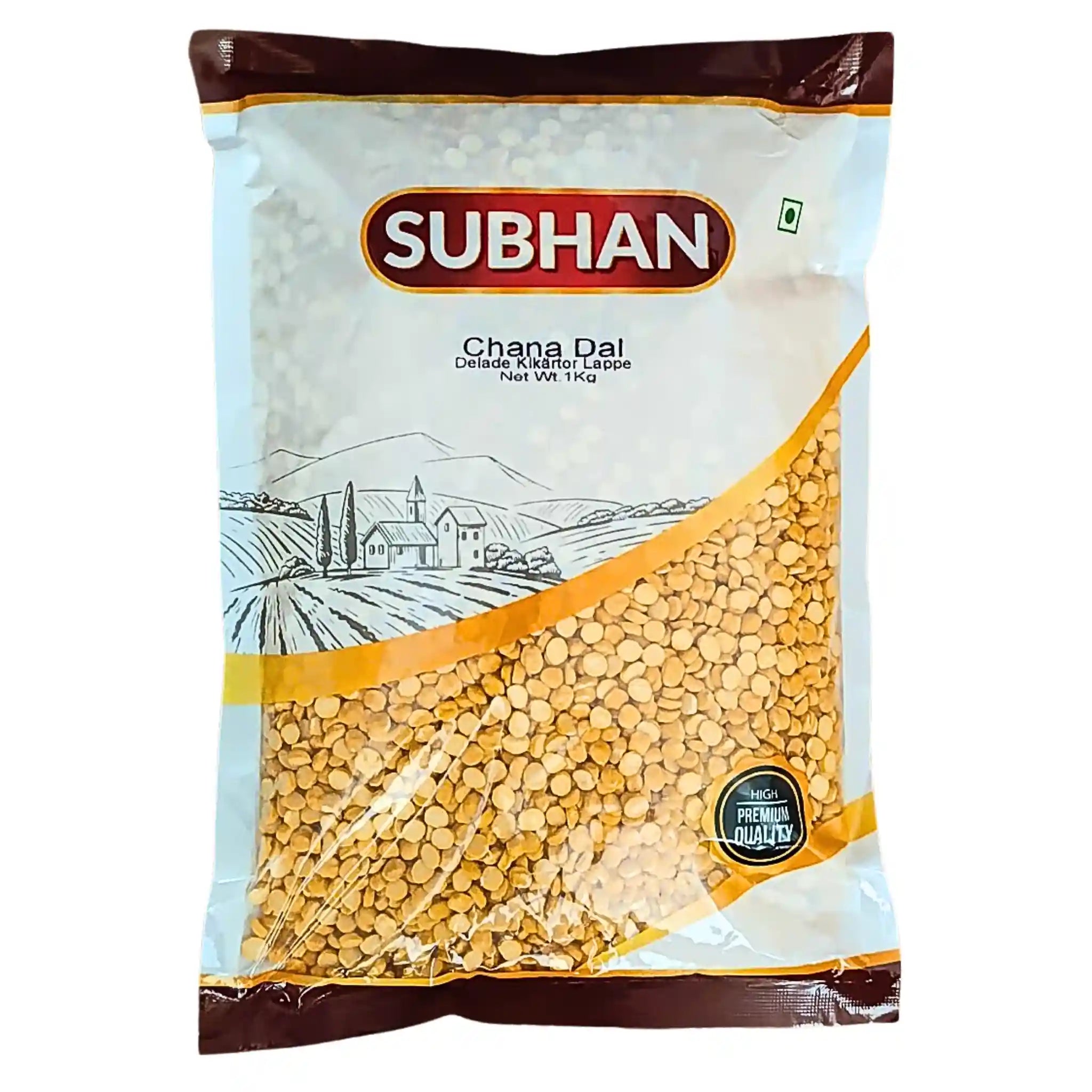 Pakkaus Subhan Chana Dal -jakoherneitä 1 kg, itämaista perustuotetta.