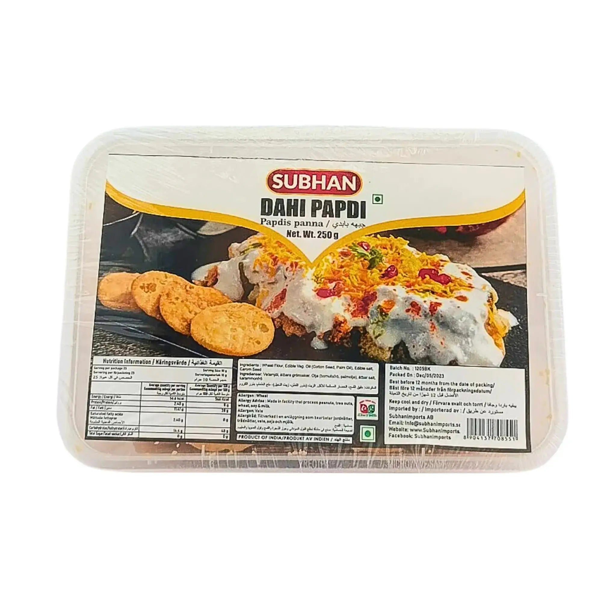 Subhan Dahi Papdi 250 g:n pakkauksessa, intialainen välipala, itämaiset maut.