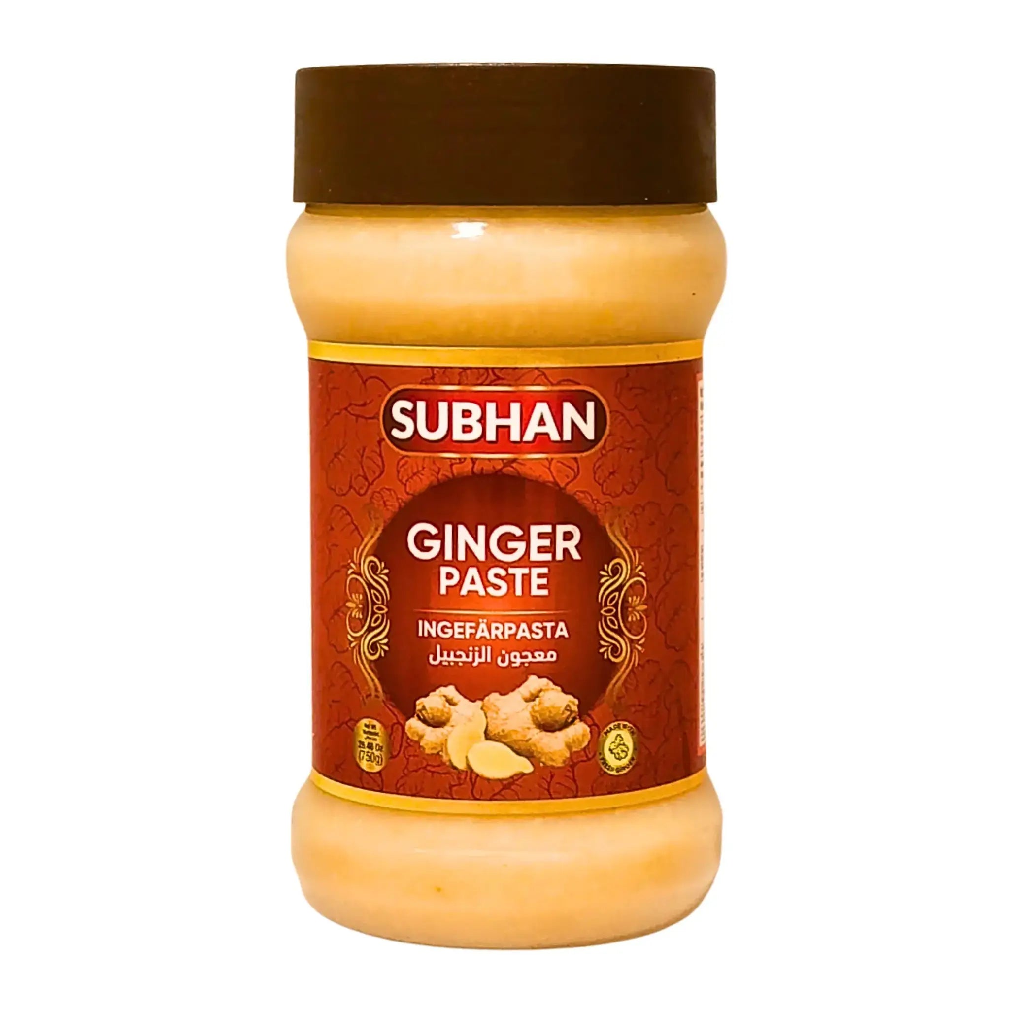 Subhan inkivääripastapurkki, ginger paste 750g, itämainen ruoka, selkeä etiketti inkiväärillä.