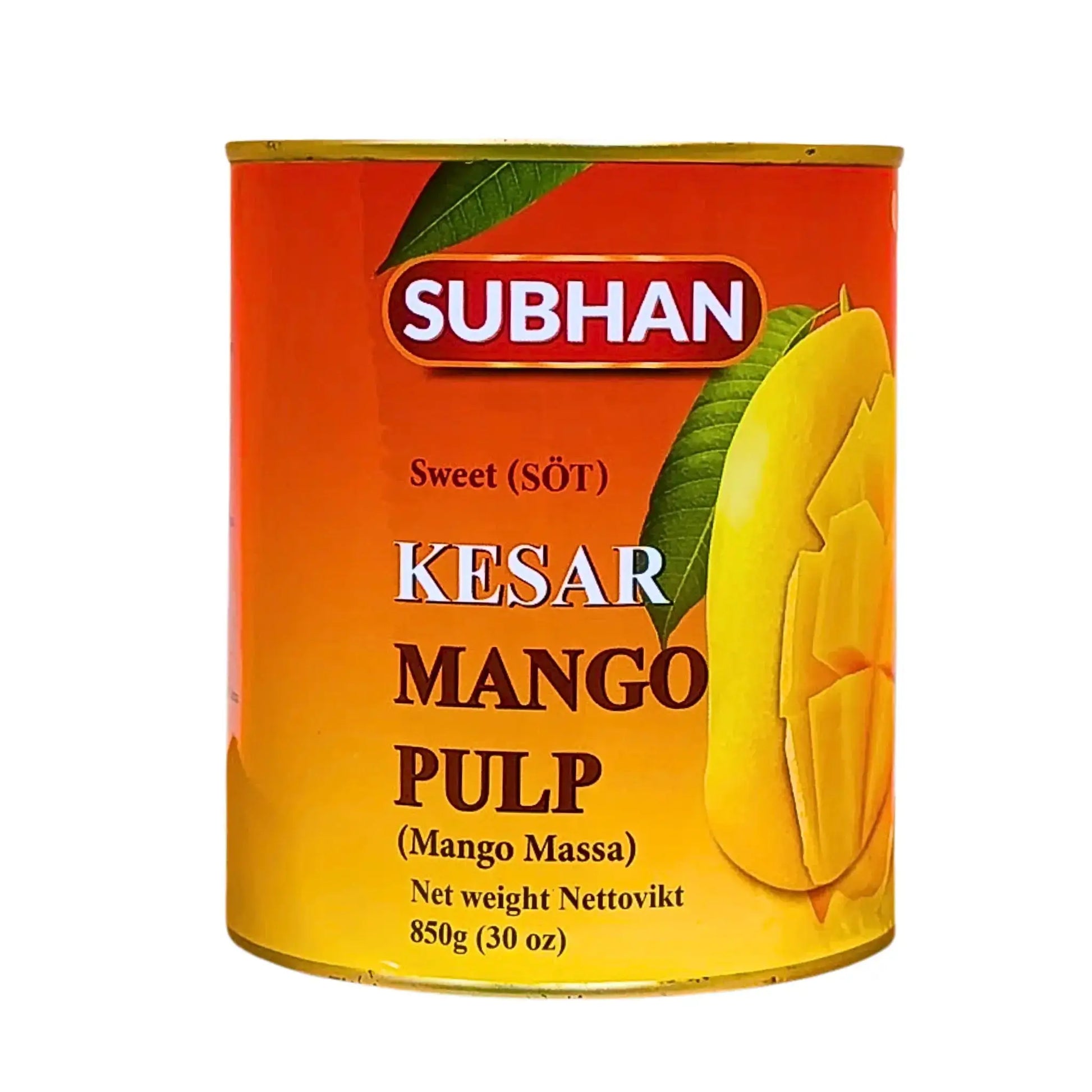 Säilykepurkki makeaa kesar-mangopastaa 850 g, selkeä mangokuva oranssilla taustalla.