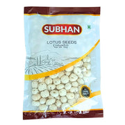 Subhan-lotuskukintojen pussi, 50 g, itämaisia välipaloja, valkoinen pakkaus läpinäkyvällä ikkunalla.
