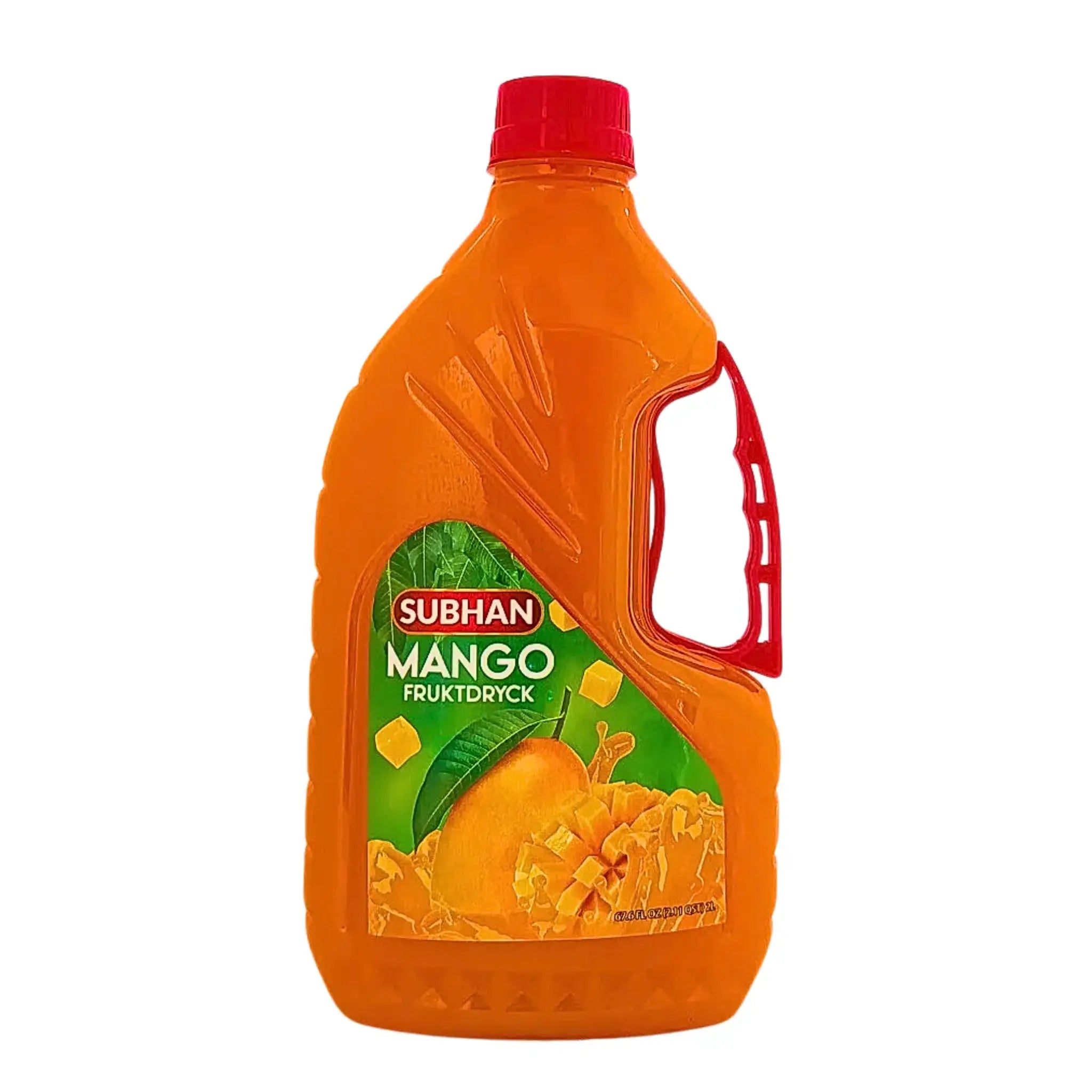 Subhan mango-hedelmäjuoma 2 L:n muovipullossa punaisella korkilla, trooppinen juomaseos