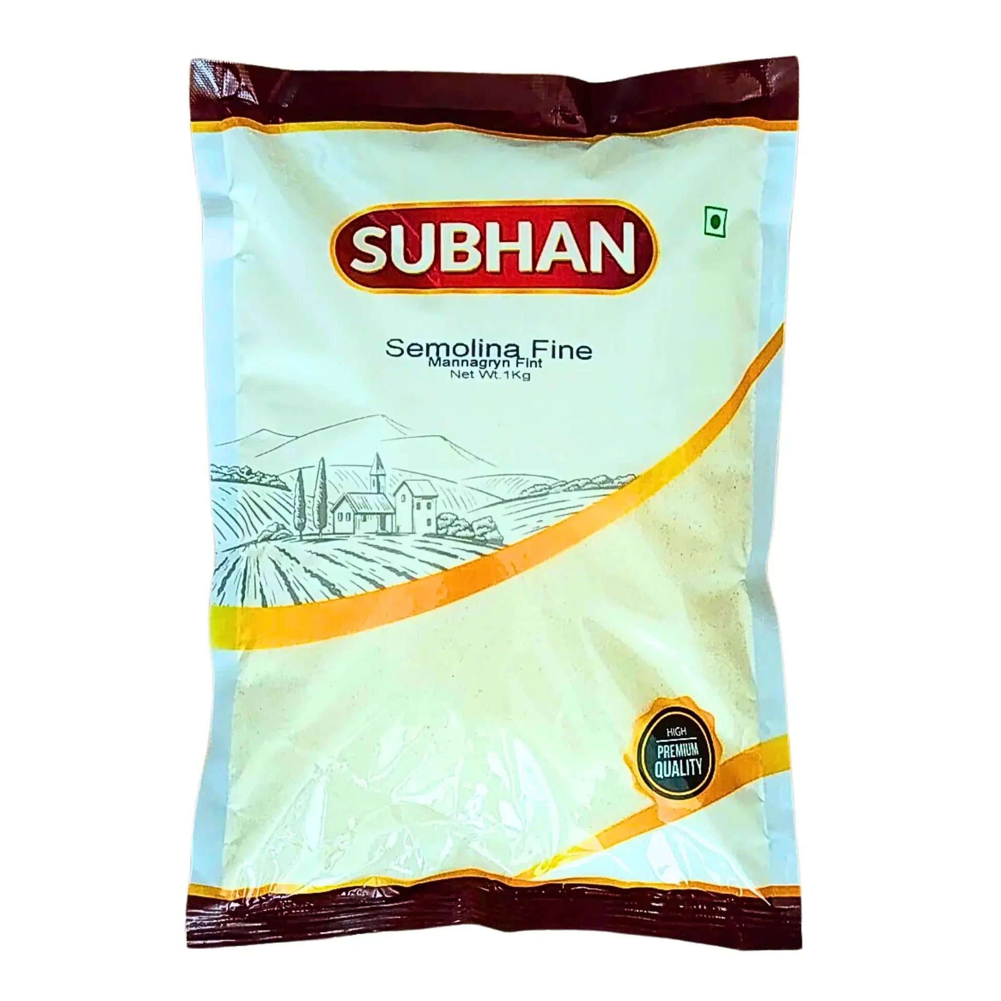 Pakkaus, jossa on Subhan mannajauhetta (seemijauho) hienoa 1 kg, itämaisia perinteisiä elintarvikkeita.