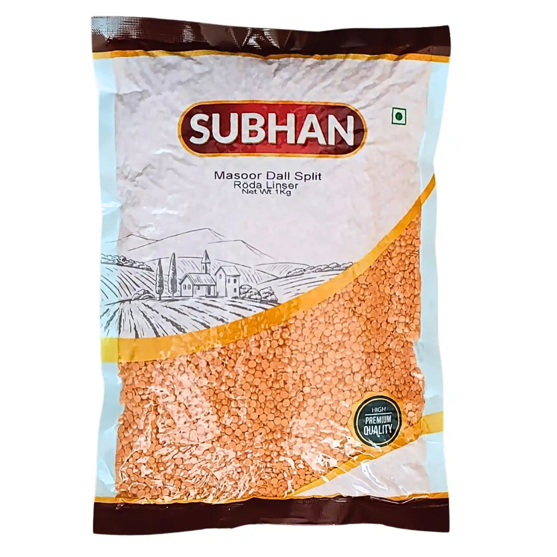 Pakkaus Subhan punaisia linssejä Masoor Dall Split 1 kg, itämaisia perusruokia.