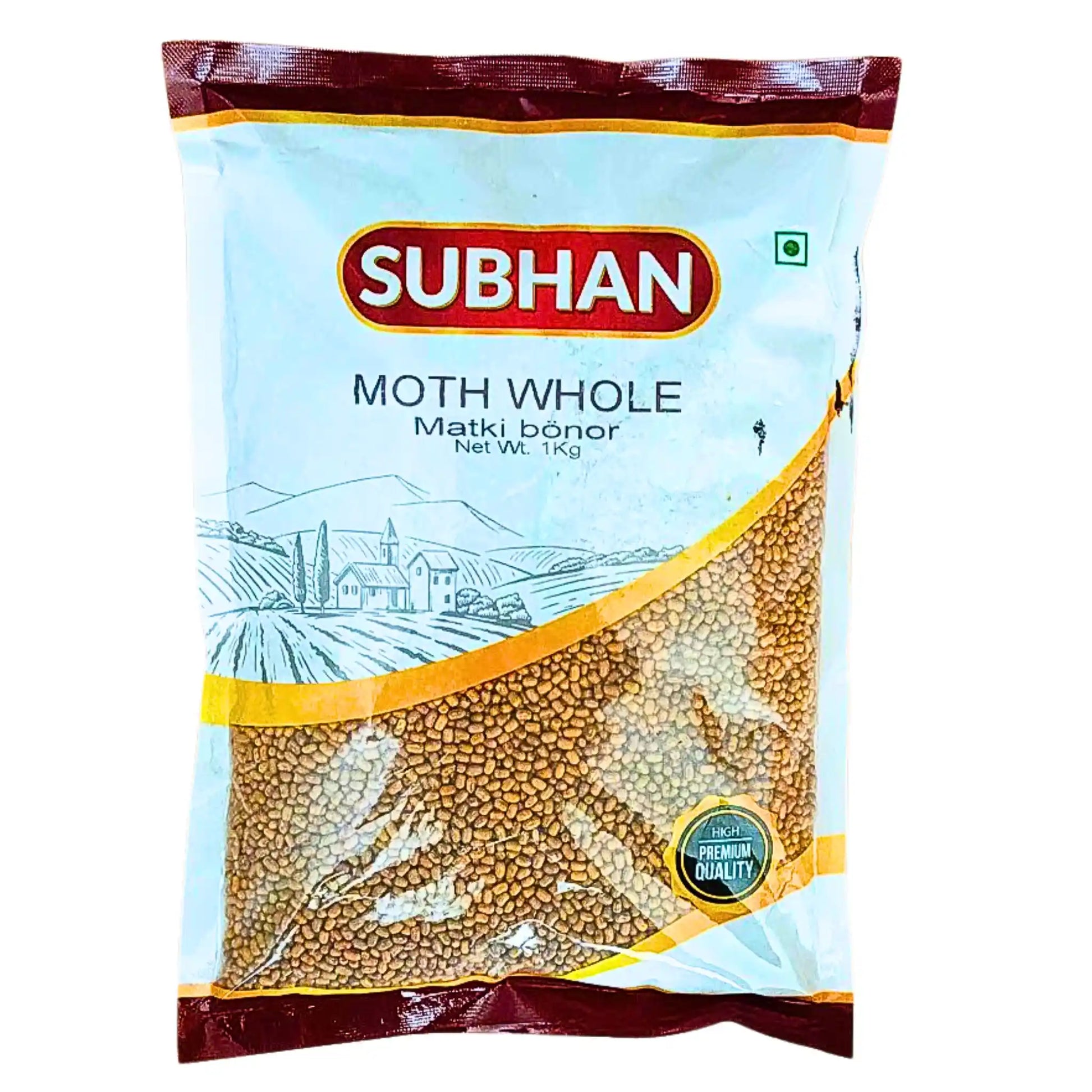 Pakkaus Subhan moth -palkokasveja (koko matki-pavut) 1 kg, selkeästi näkyvät ruskeat linssit.