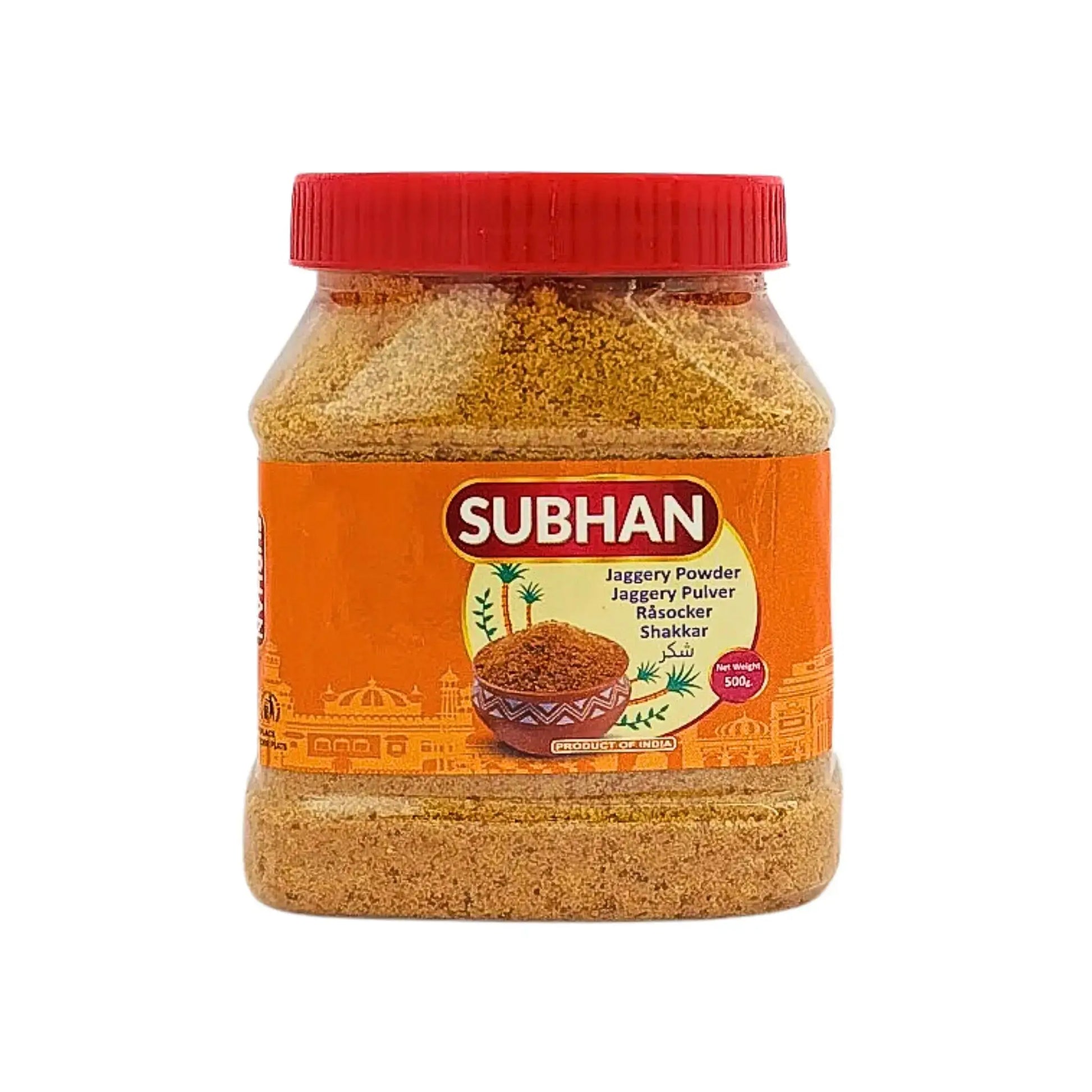 Subhan-raakasokerijauhe, 500 g purkki, intialaista itäistä sokeria punaisella kannella
