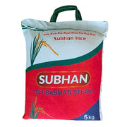 Subhan 1121 Basmati höyrytetty riisi 5 kg:n pakkaus kahvalla, itämaista riisituotetta.