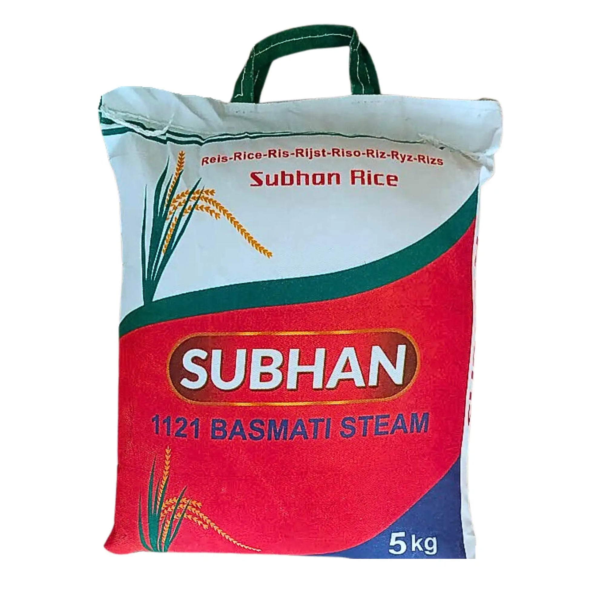 Subhan 1121 Basmati höyrytetty riisi 5 kg:n pakkaus kahvalla, itämaista riisituotetta.
