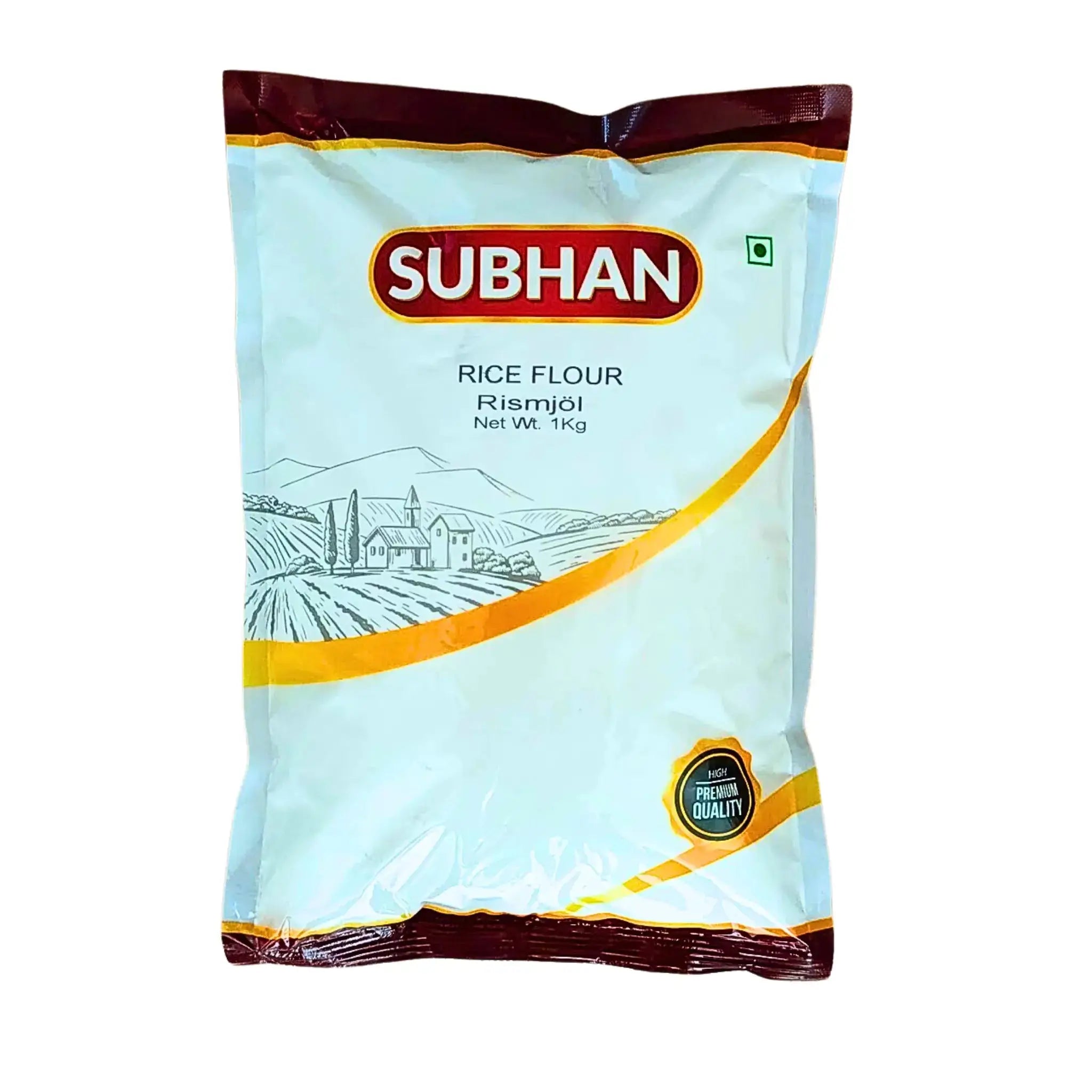 Förpackning Subhan rismjöl 1kg, vit påse med landskapsmotiv och texten Premium Quality.