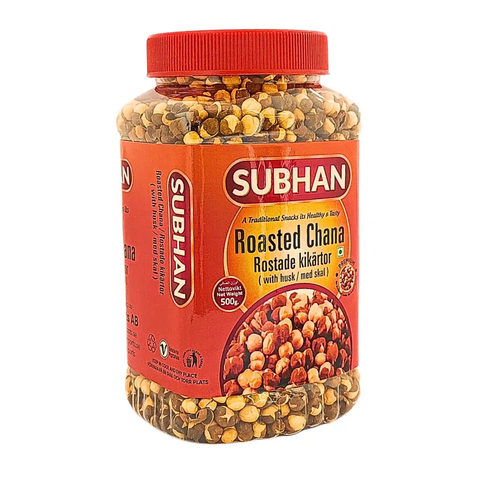 Subhan-purkki paahdettuja kuorittuja kikenherneitä, 500 g, valkoisella taustalla.