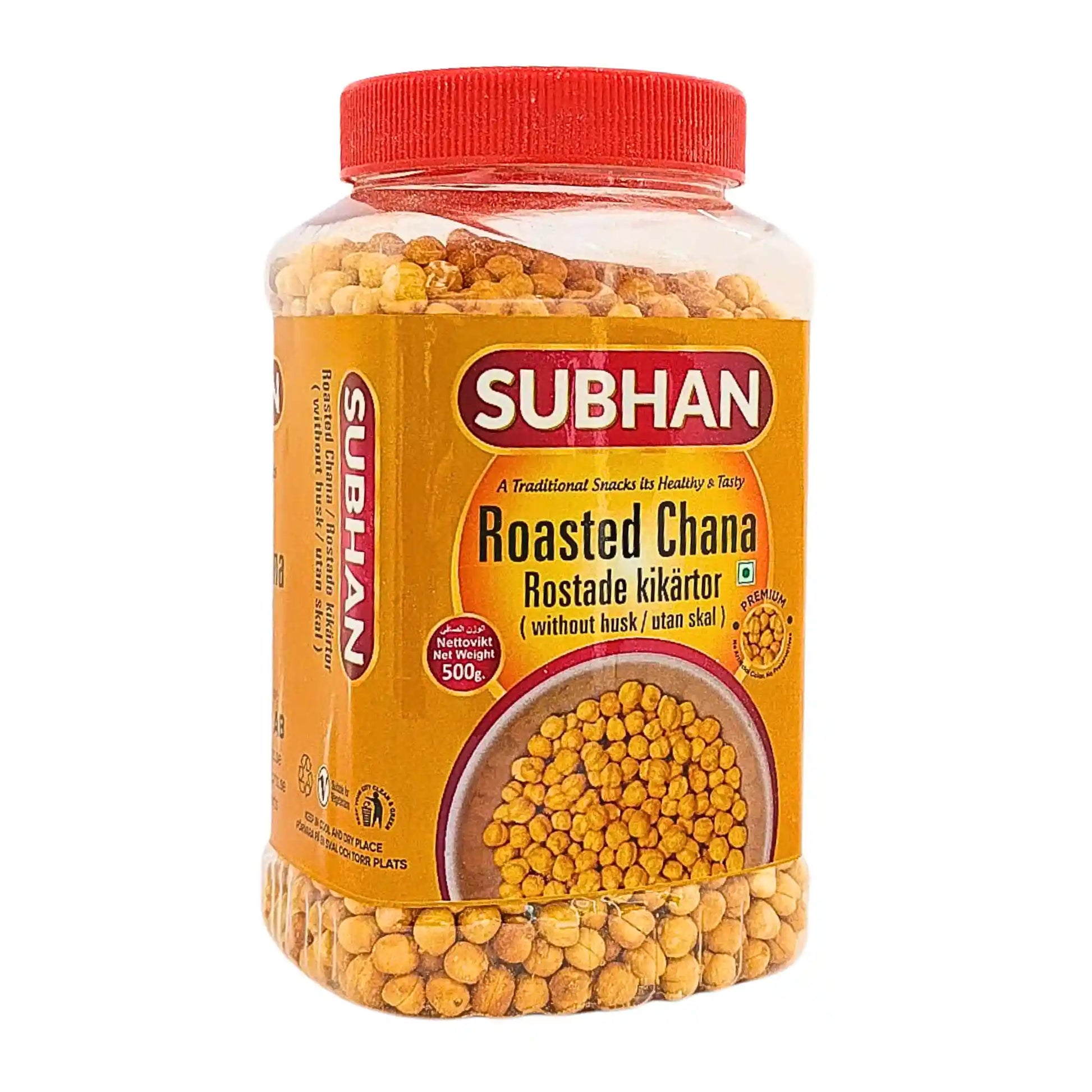 Paahdettujen kuorettomien kikenherneiden purkki 500 g, selkeä ainesosakuva ja punainen kansi.