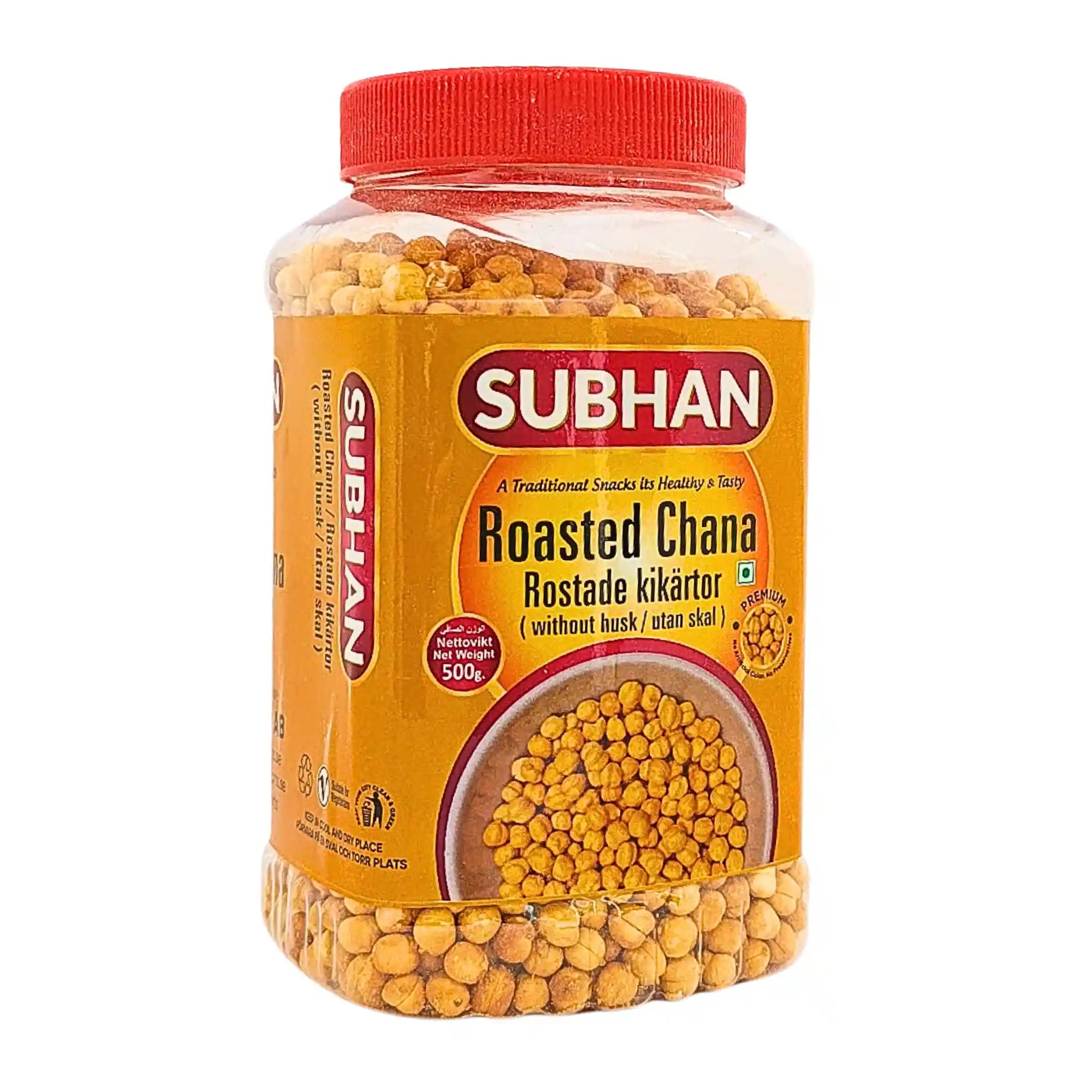 Paahdettujen kuorettomien kikenherneiden purkki 500 g, selkeä ainesosakuva ja punainen kansi.
