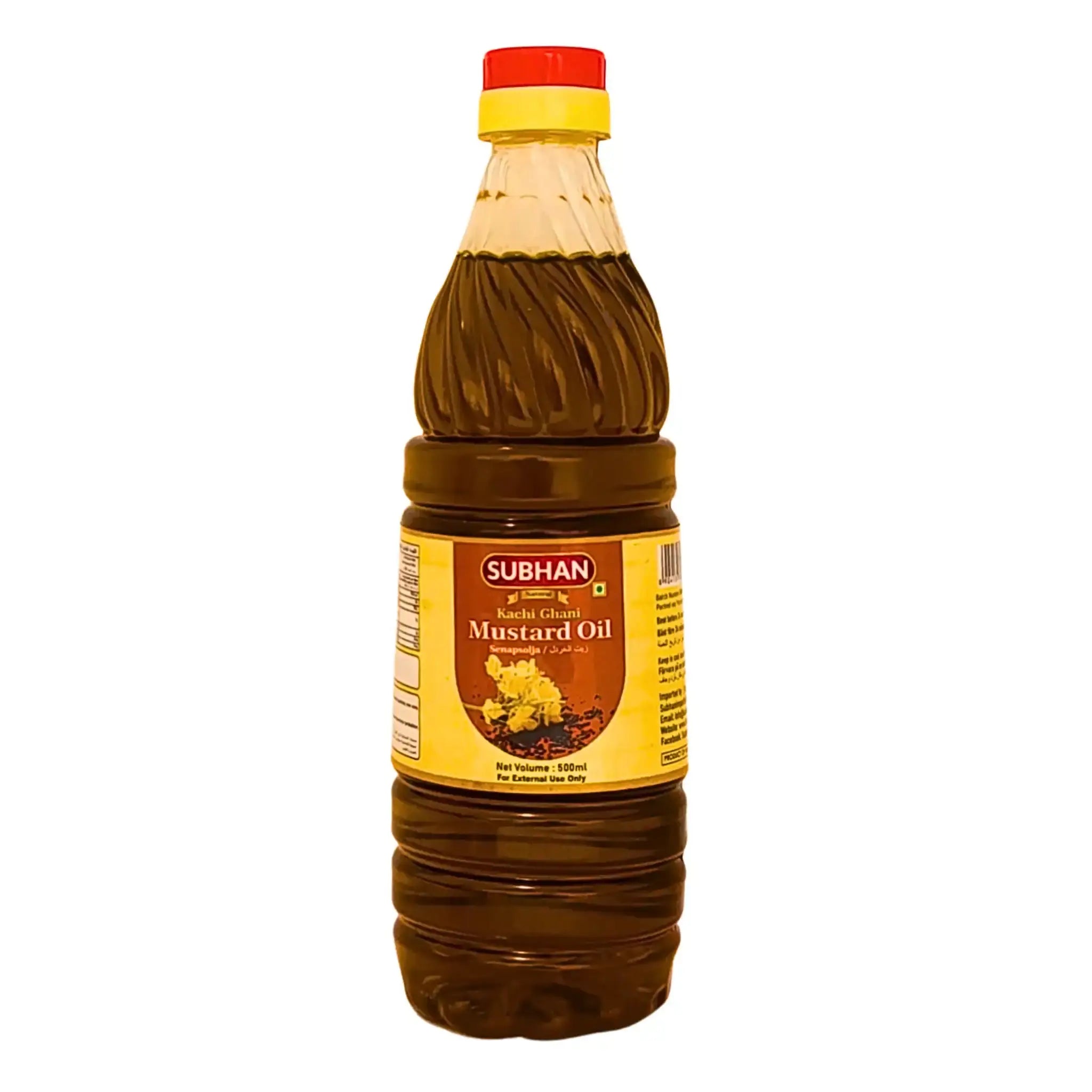 Subhan-sinappiöljypullo 500 ml valkoisella taustalla, itämaiset elintarvikkeet