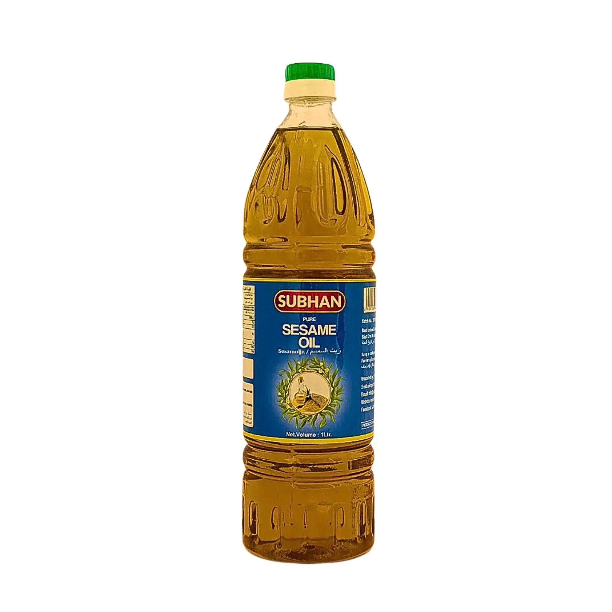 Sesamiöljyä muovipullossa sinisellä etiketillä ja vihreällä korkilla, 1 litra.