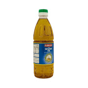 Subhan-sesamiöljyn pullo 500 ml, sininen etiketti ja vihreä korkki, valkoinen tausta.