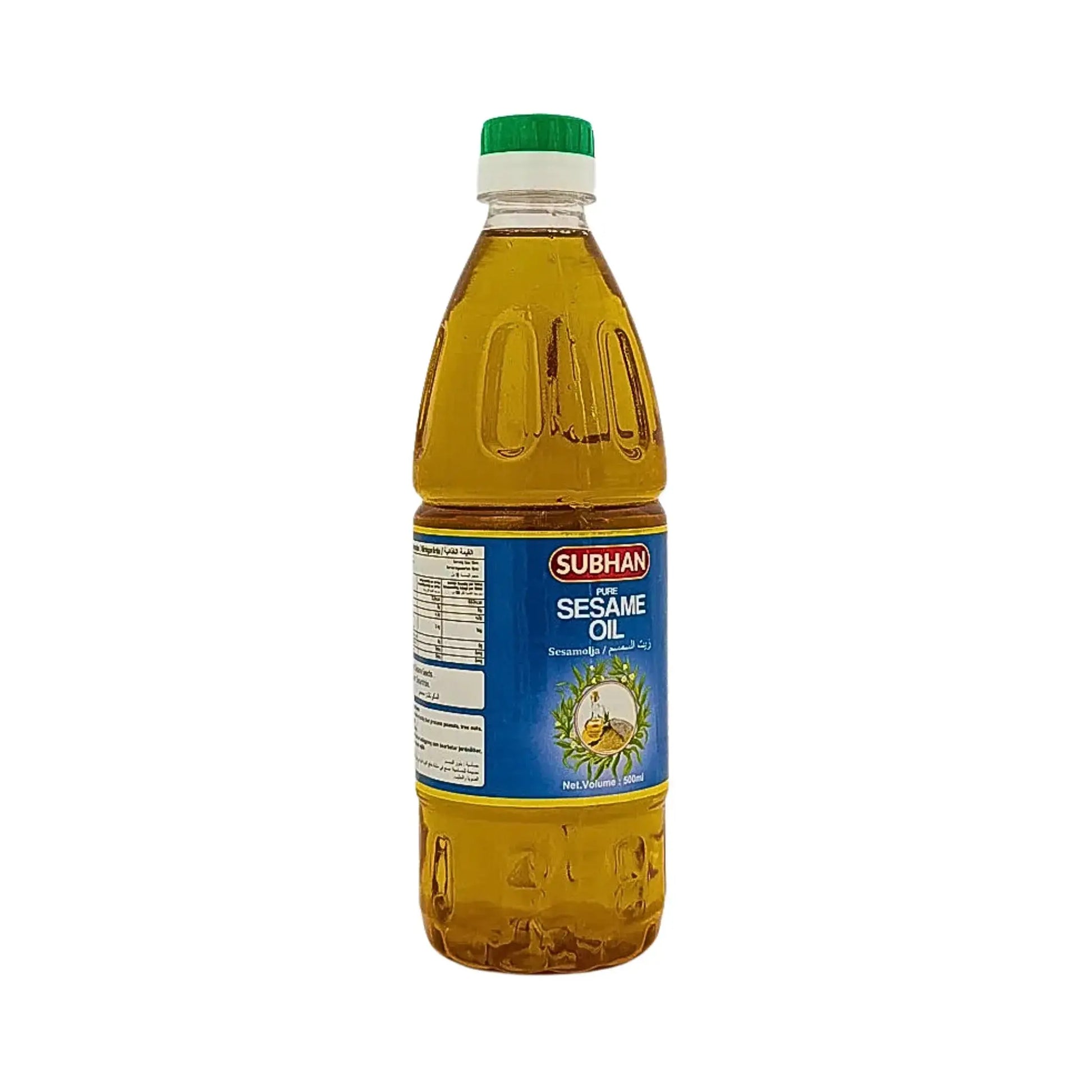 Subhan-sesamiöljyn pullo 500 ml, sininen etiketti ja vihreä korkki, valkoinen tausta.