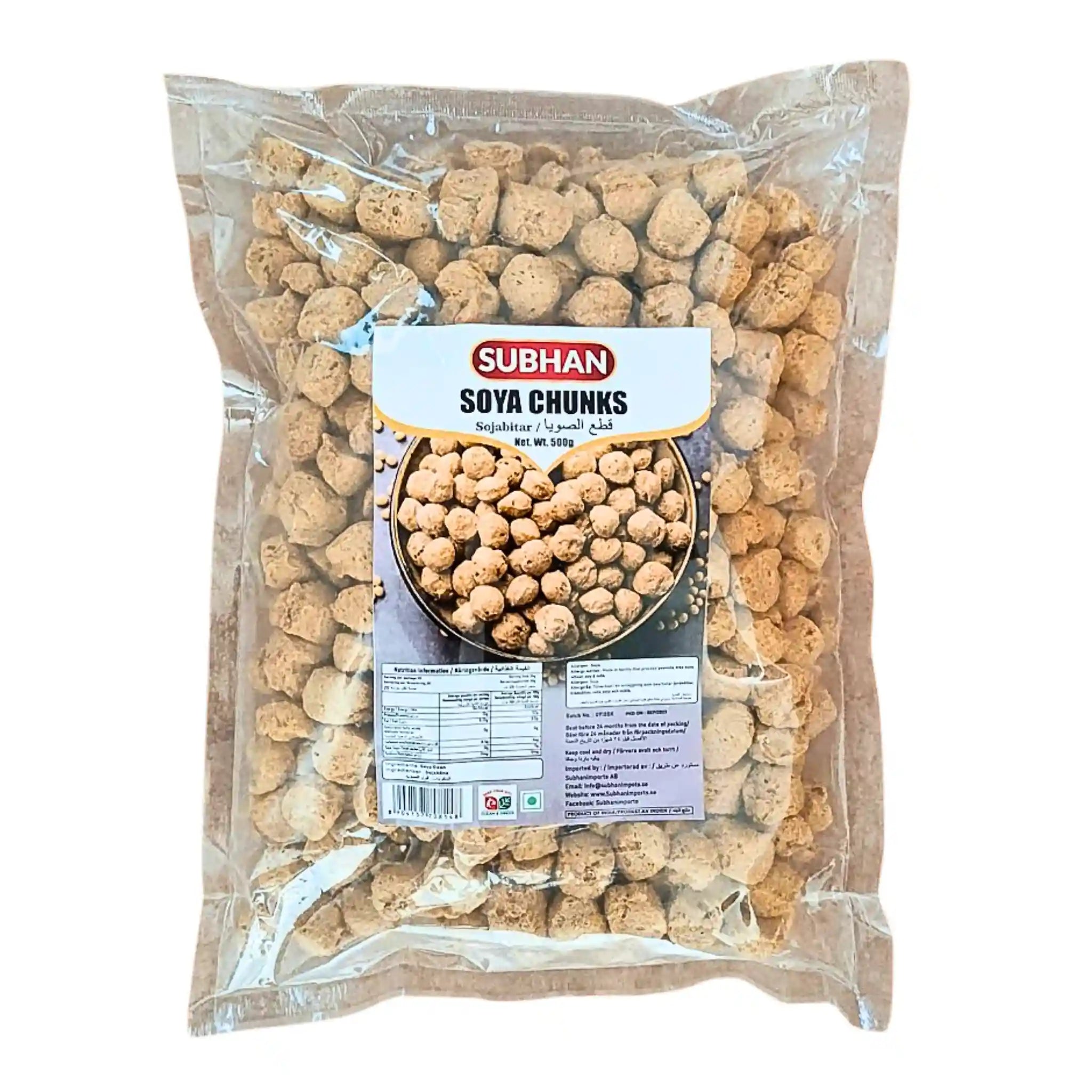 500 g:n pussi soijapaloja, Subhan Soya Chunks, kasviperäinen proteiini, itämaisia perusruokia