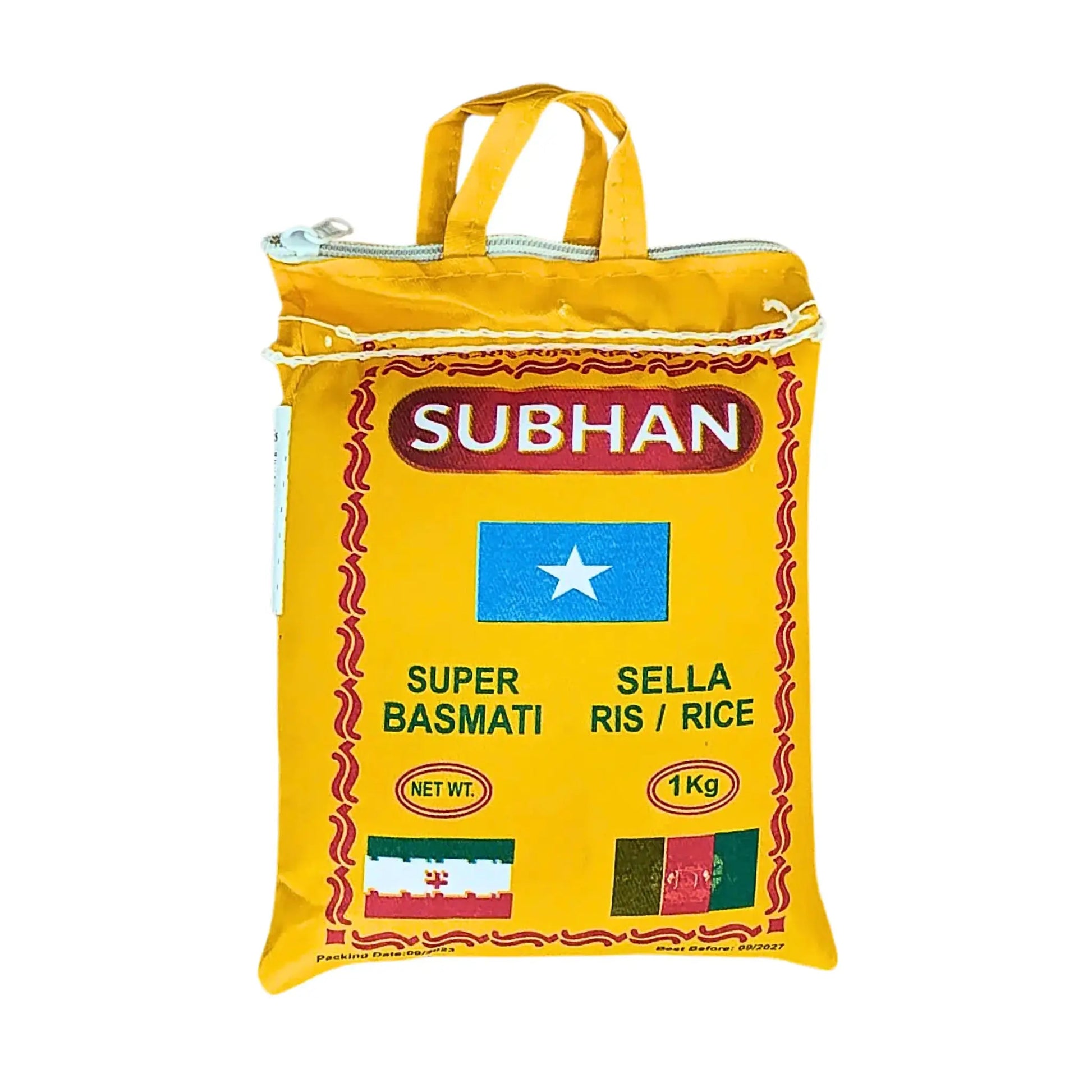 Keltainen pussi, jossa on Subhan Super Basmati Sella -riisiä 1 kg, sininen tähti ja kahva.