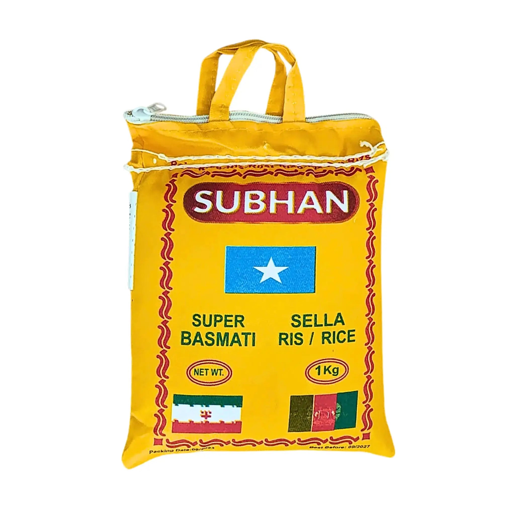 Keltainen pussi, jossa on Subhan Super Basmati Sella -riisiä 1 kg, sininen tähti ja kahva.