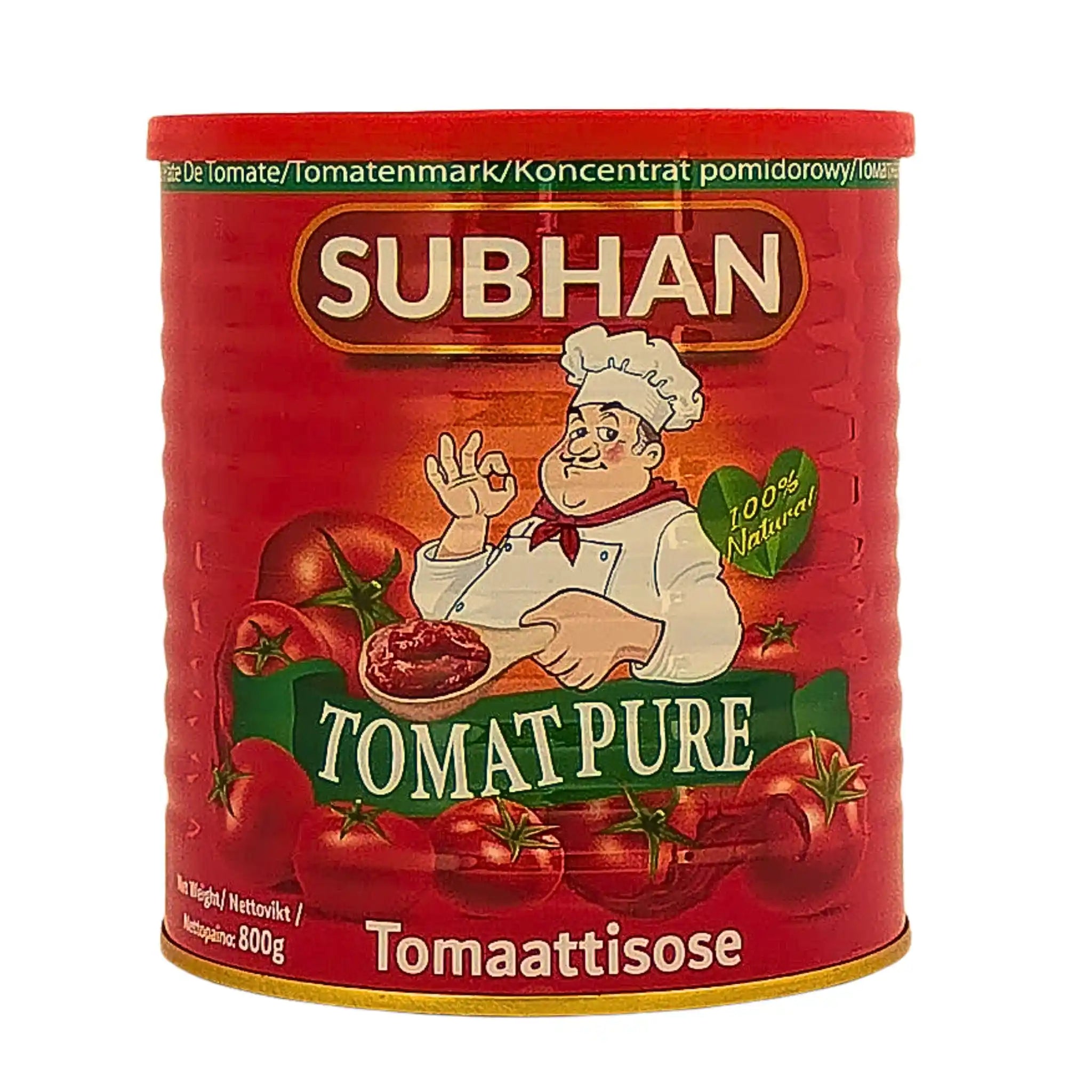 Tomaattimurskan purkki 800 g, punainen pakkaus keittäjän ja tomaattien kuvitukseen, teksti 'Tomatpure'.