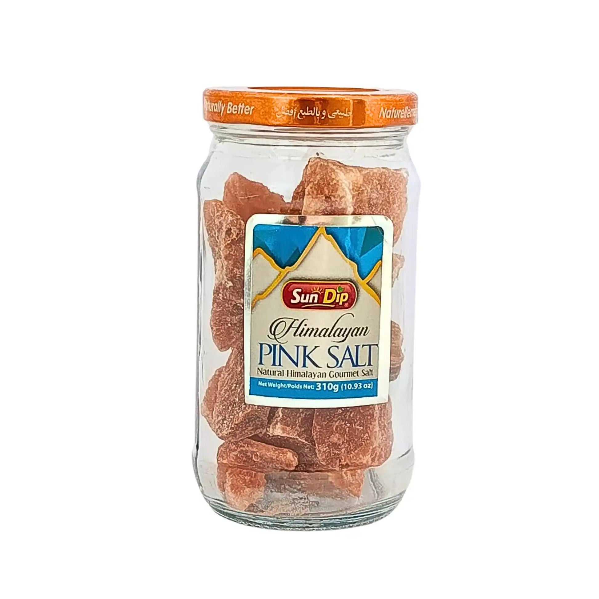 Lasipurkki, jossa suuria vaaleanpunaisia Himalajan suolapaloja, selkeä etiketti, 310 g.