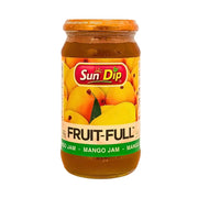 Lasipurkki Sun Dip -mangomarmeladia, hedelmiä etiketillä, 430 gramma.