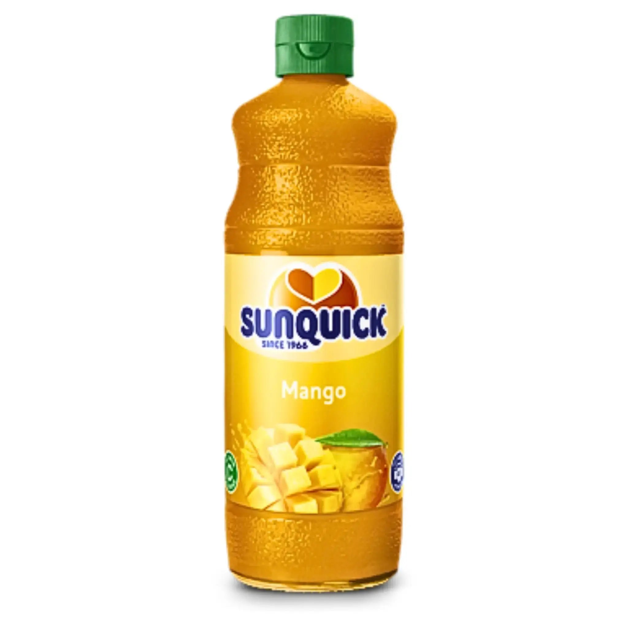 Sunquick-mangomehun pullo 700 ml, vihreä korkki ja etiketissä mangokuvio.