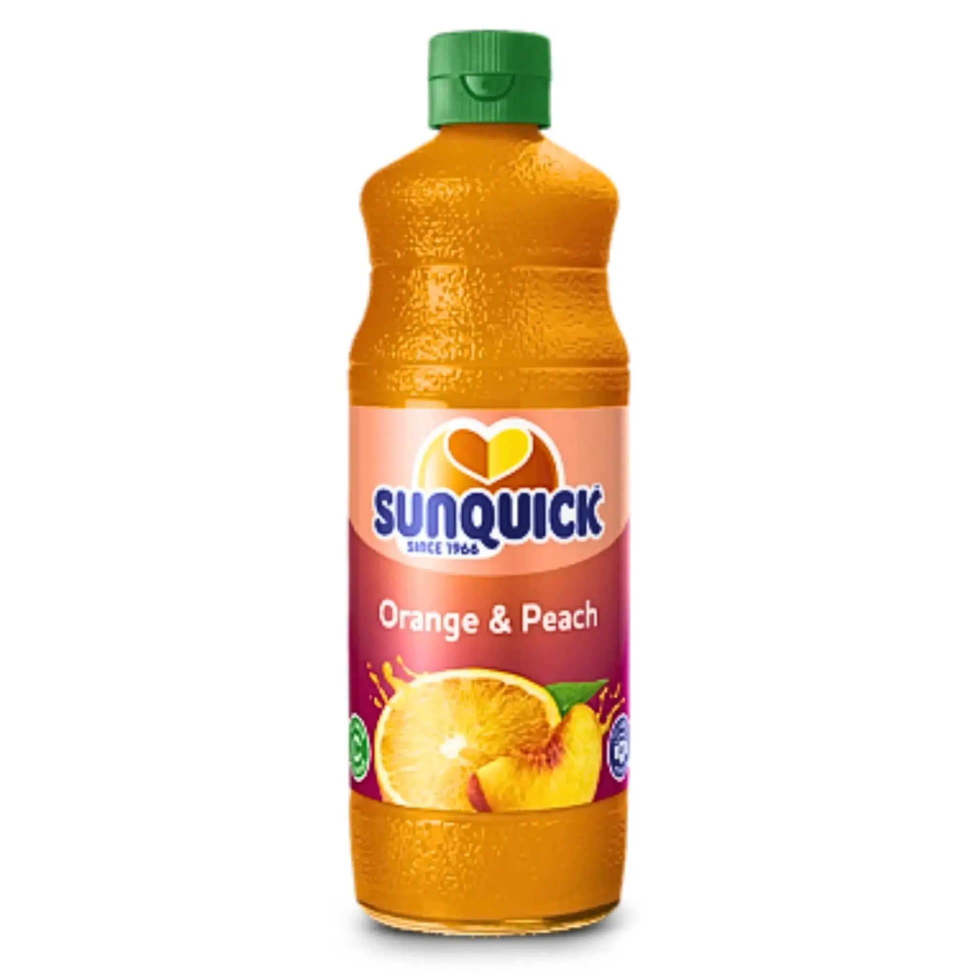 Sunquick aprikoosi- ja persikkamehun konsentraatti 700 ml pullossa, vihreä korkki, hedelmäkuvia etiketissä.