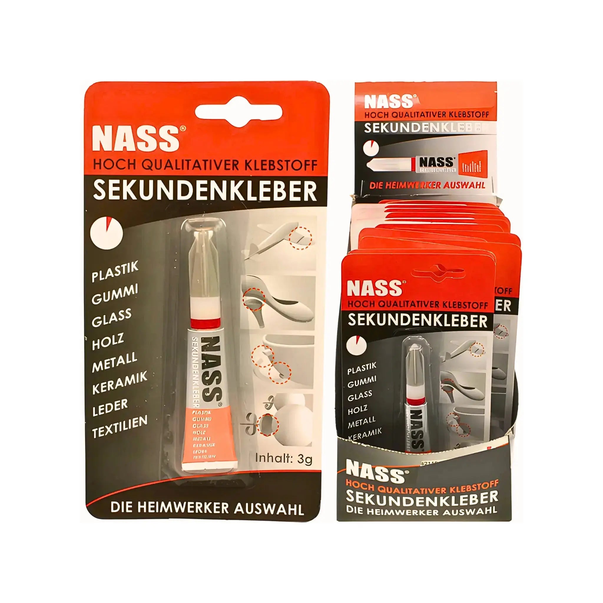 Sekunniliima NASS 3 g pakkauksessa, yleisliima muoviin, kumiin, lasiin, puuhun, metalliin ja keramiikkaan.