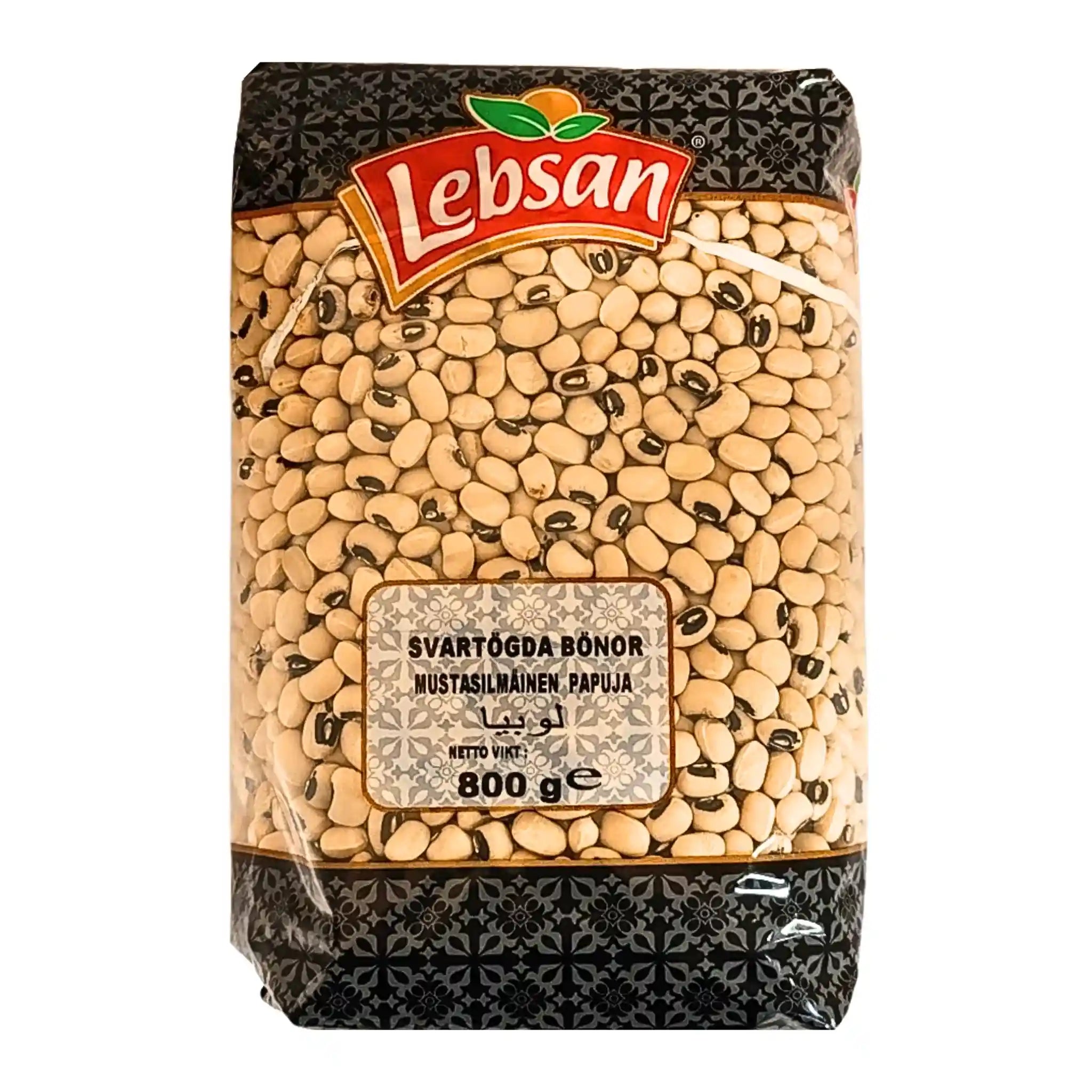 Pakkaus, jossa on 800 g mustia silmämatoja, Lebsan, itämaiset kuivat tavarat.
