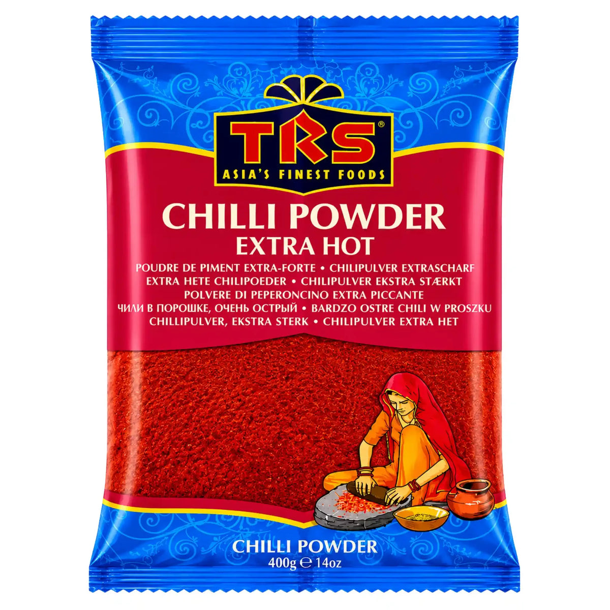 TRS chilipulver extra stark, röd pulver i blå förpackning, 400 g
