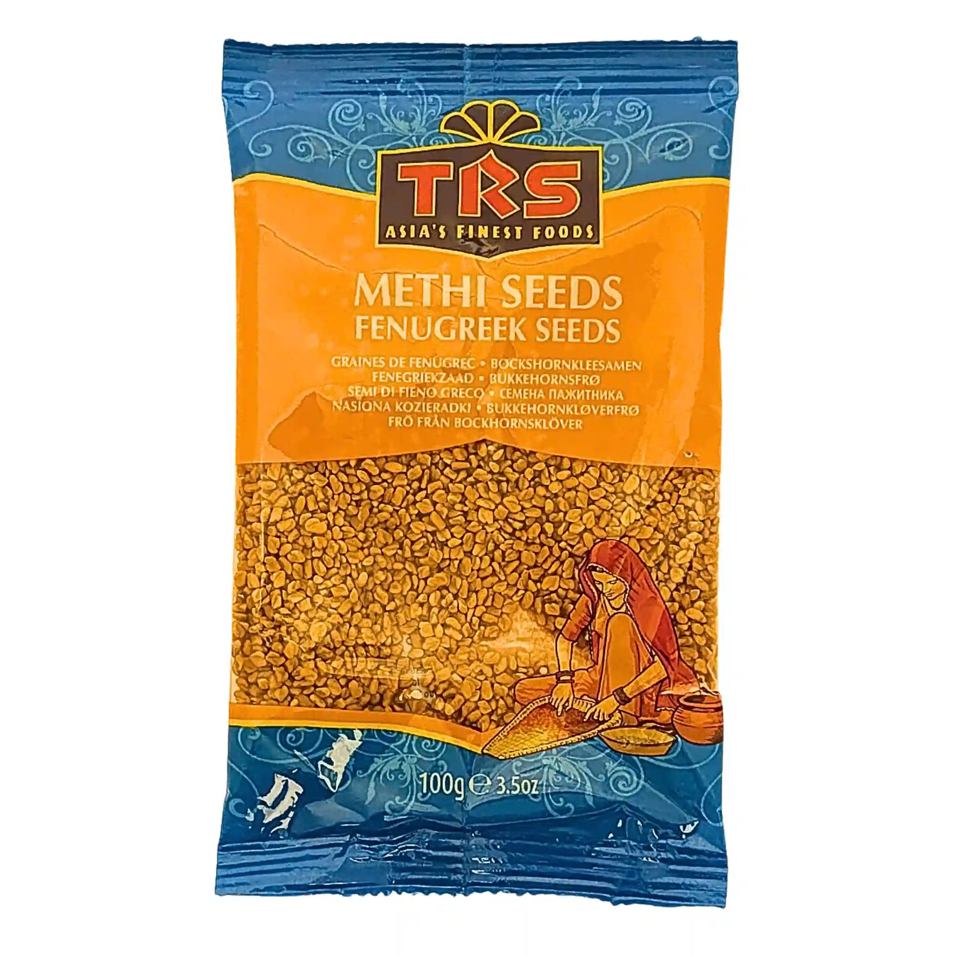 TRS pussi bockhorninviljan siemeniä, 100 g, itämaisia mausteita, oranssi ja sininen pakkaus.