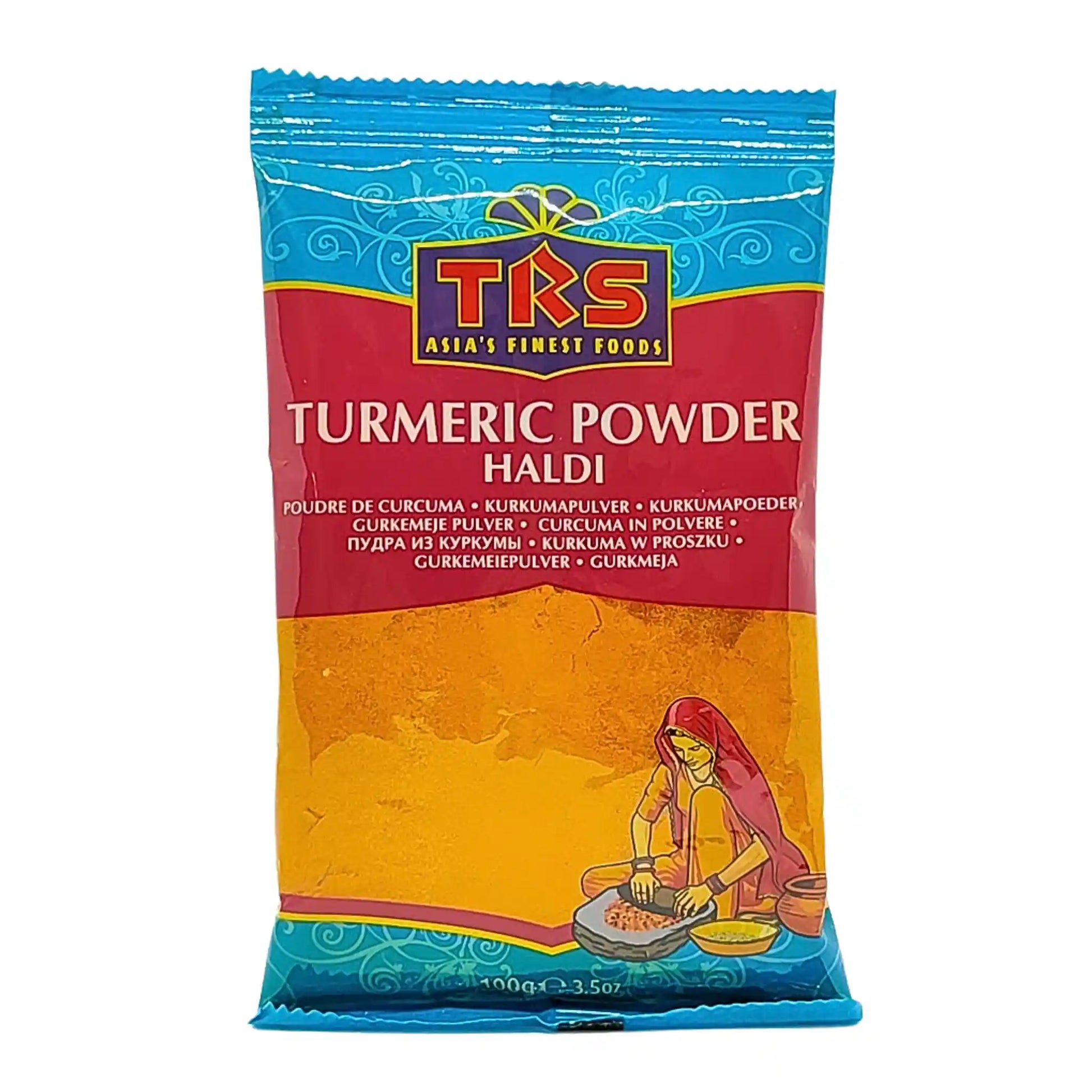 TRS-kurkumajauheen pakkaus 100 g, itämaisia mausteita, värikäs pussi