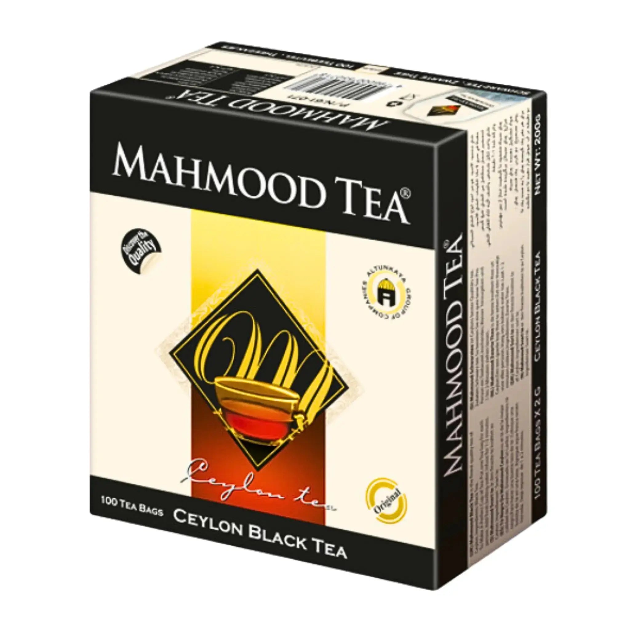 Mahmood Tea -paketti 100 pussia Ceylonin mustaa teetä, musta ja keltainen design.