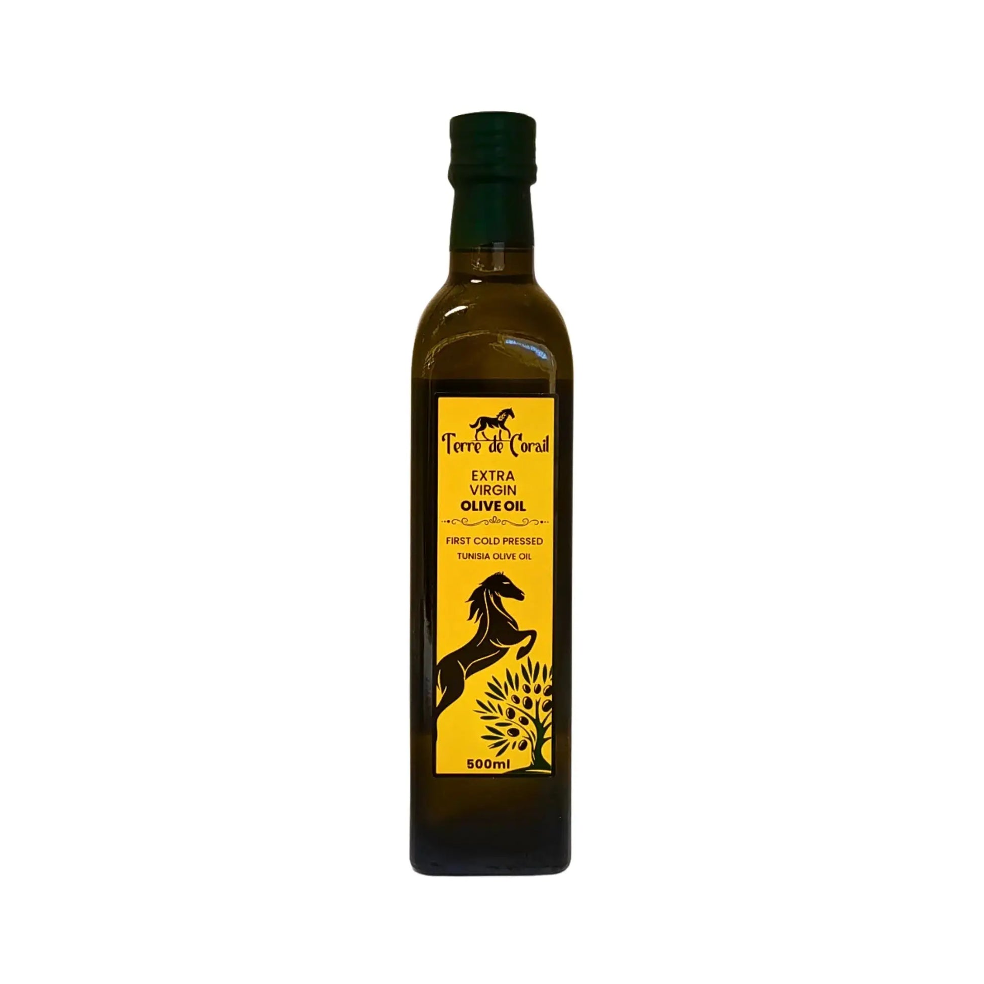 Pullo ekstra-neitsytoliiviöljyä 500ml, keltainen etiketti hevosella ja oliivipuulla