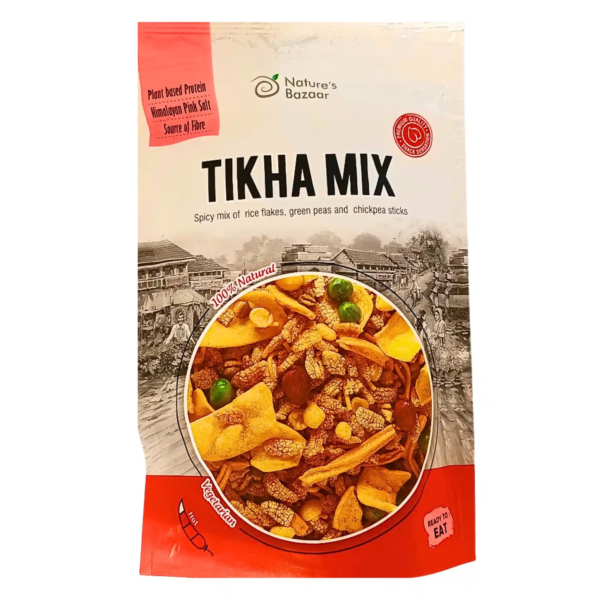 Tikha Mix -snack-pussi riisiviluilla, herneillä ja kikhernepaloilla, kasvissyöjille ja mausteinen.